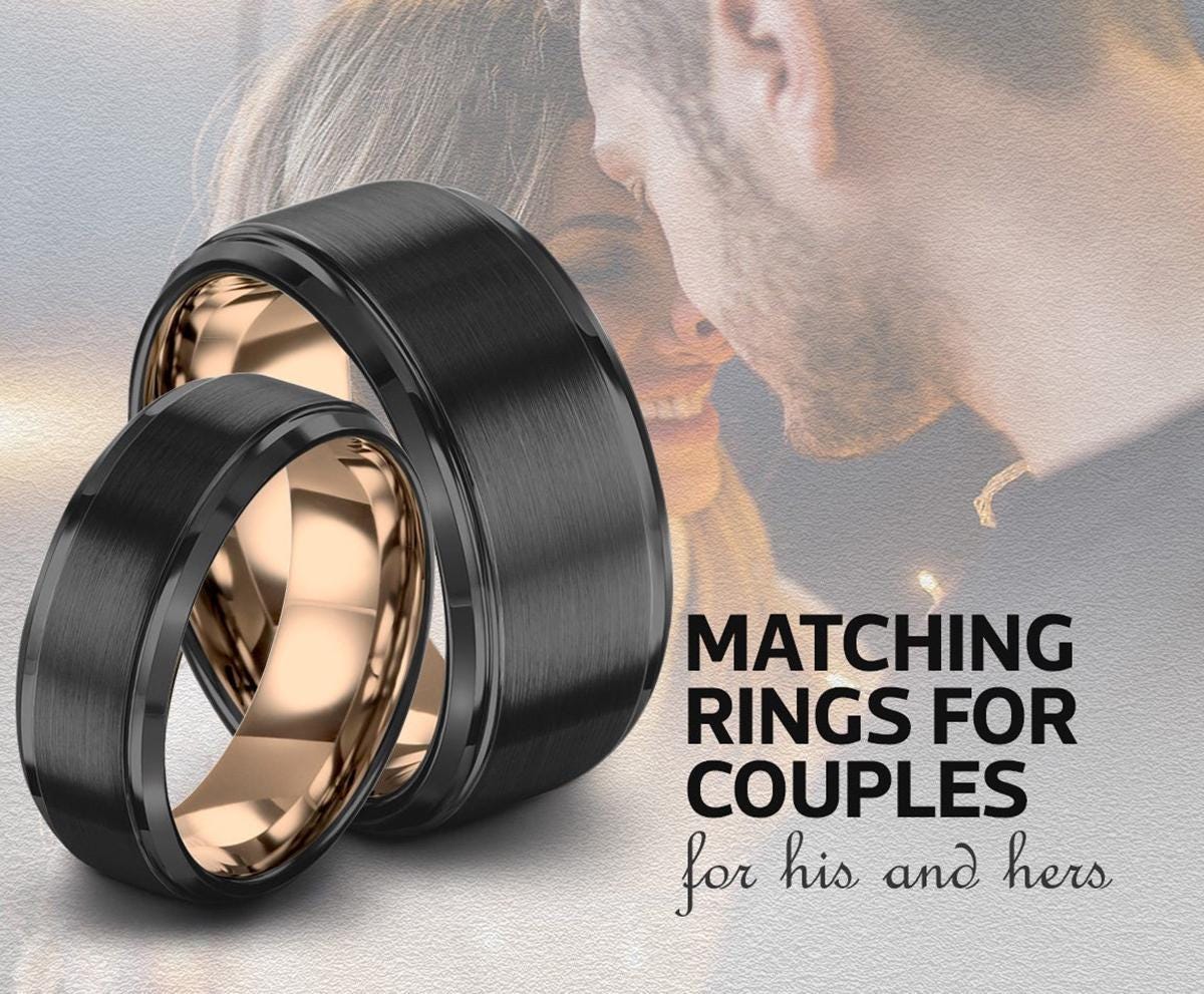 Gunmetal Tungsten Ring, Mens Wedding Band Rose Gold, Personalized Gifts For Women, Engraved Couple Ring Set, Christmas Gifts For Him