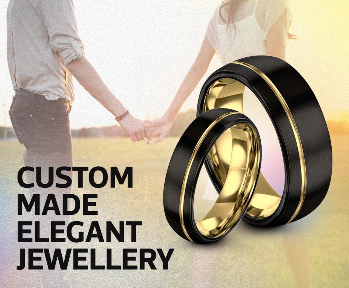 Domed Wedding Band Set His And Hers, Black Tungsten Ring, Offset Engraved Ring, Christmas Gifts For Mom, Anniversary Gifts For Girlfriend