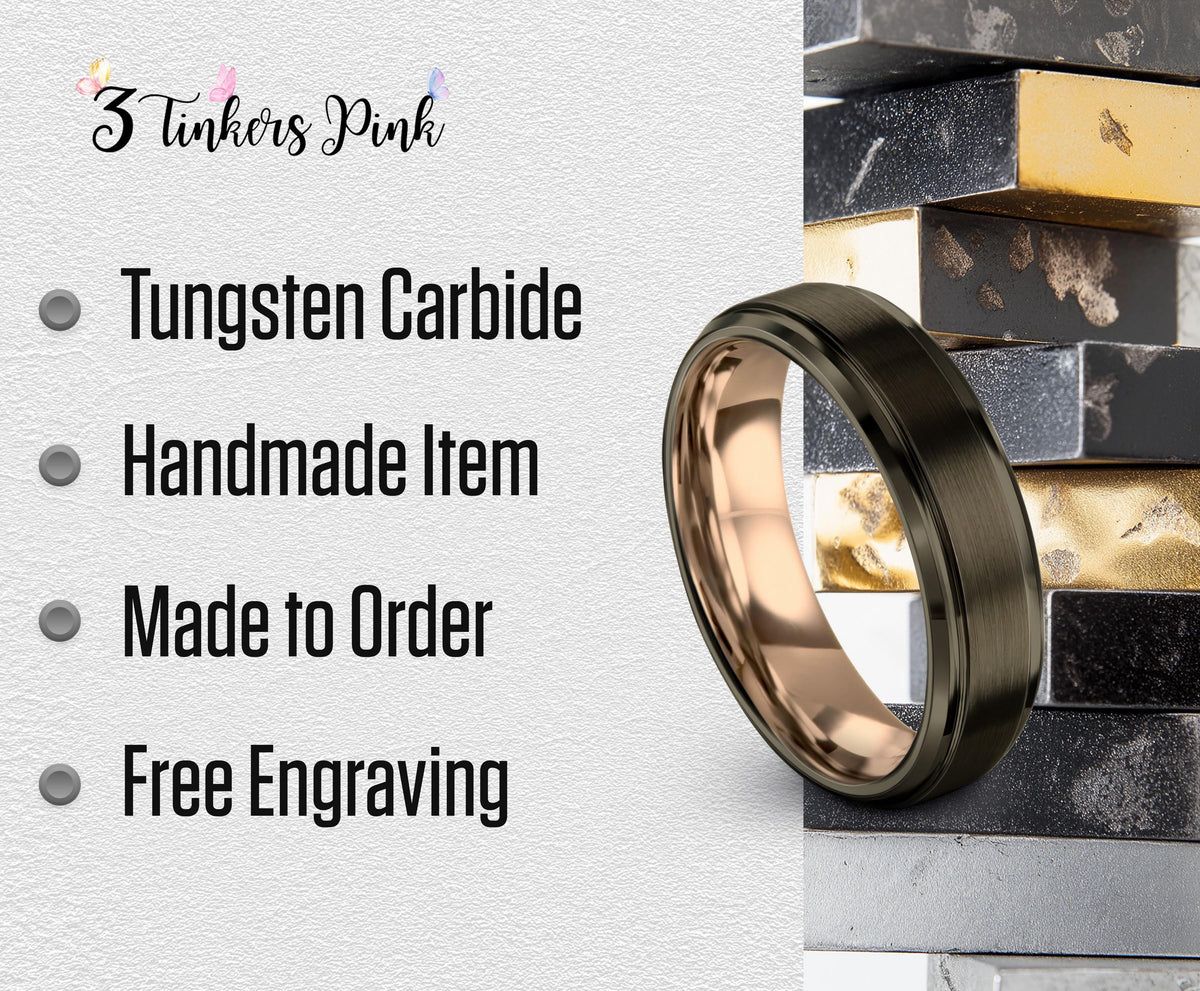 Gunmetal Tungsten Ring, Mens Wedding Band Rose Gold, Personalized Gifts For Women, Engraved Couple Ring Set, Christmas Gifts For Him