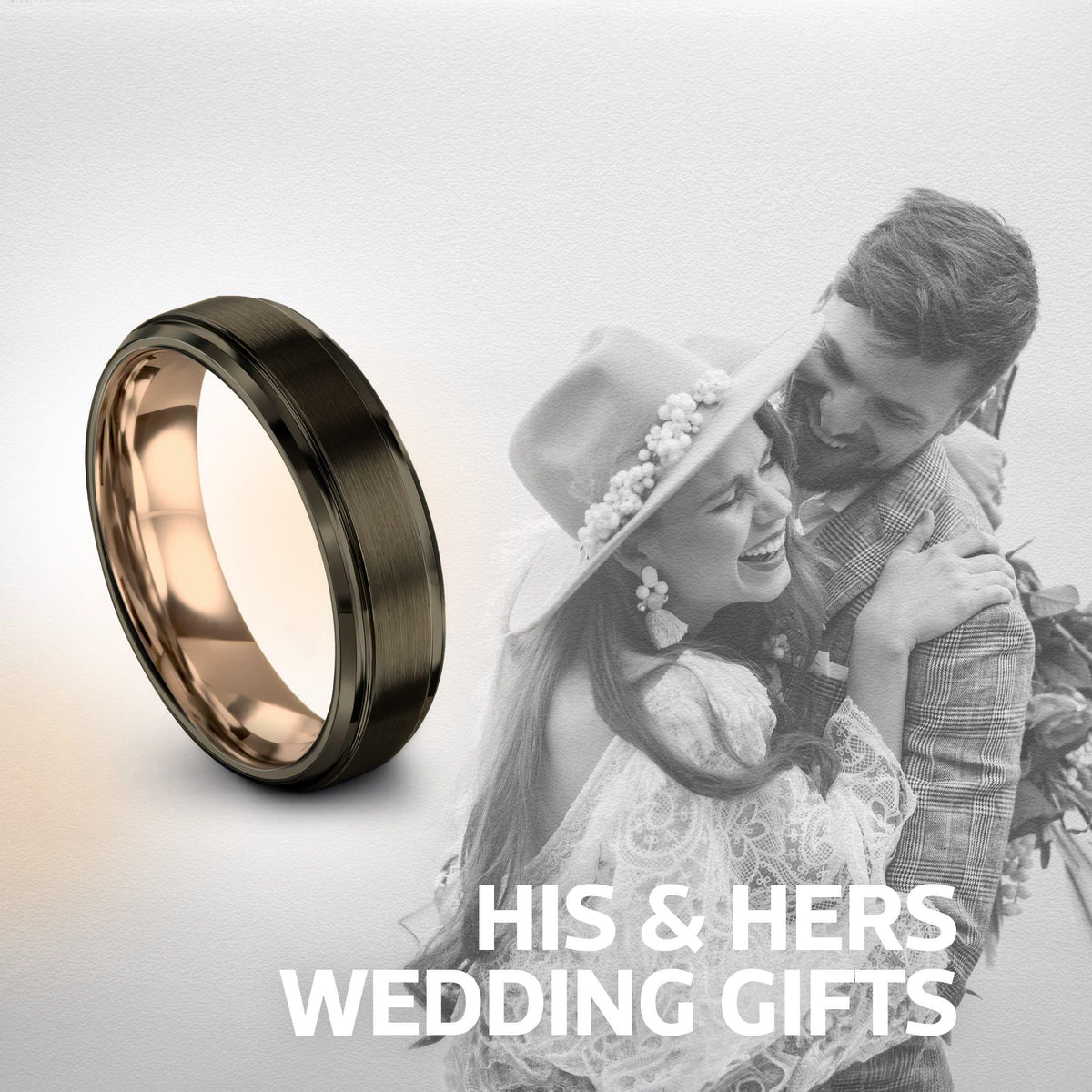 Gunmetal Tungsten Ring, Mens Wedding Band Rose Gold, Personalized Gifts For Women, Engraved Couple Ring Set, Christmas Gifts For Him