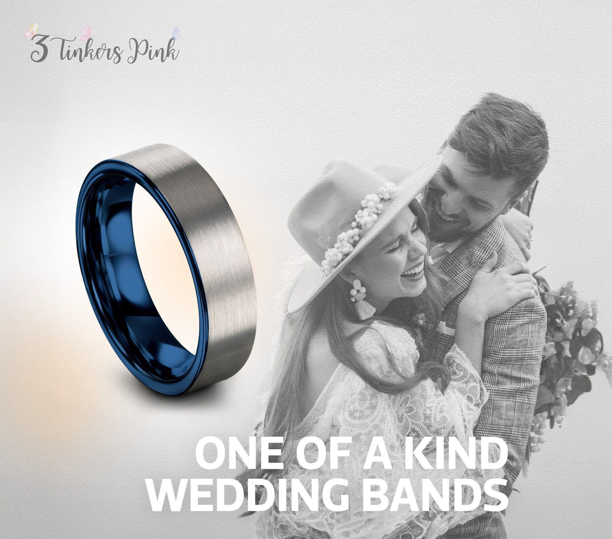 Two Tone Tungsten Wedding Band, Silver and Blue Ring, Comfort Fit