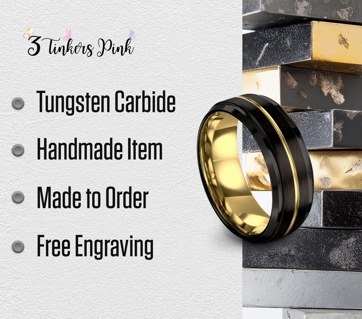 Mens Wedding Band,Mens Tungsten Wedding Band,Wedding Rings,His and Her Wedding Bands,Flat Gold Band,Black Friday,For,Gifts,Anniversary,First