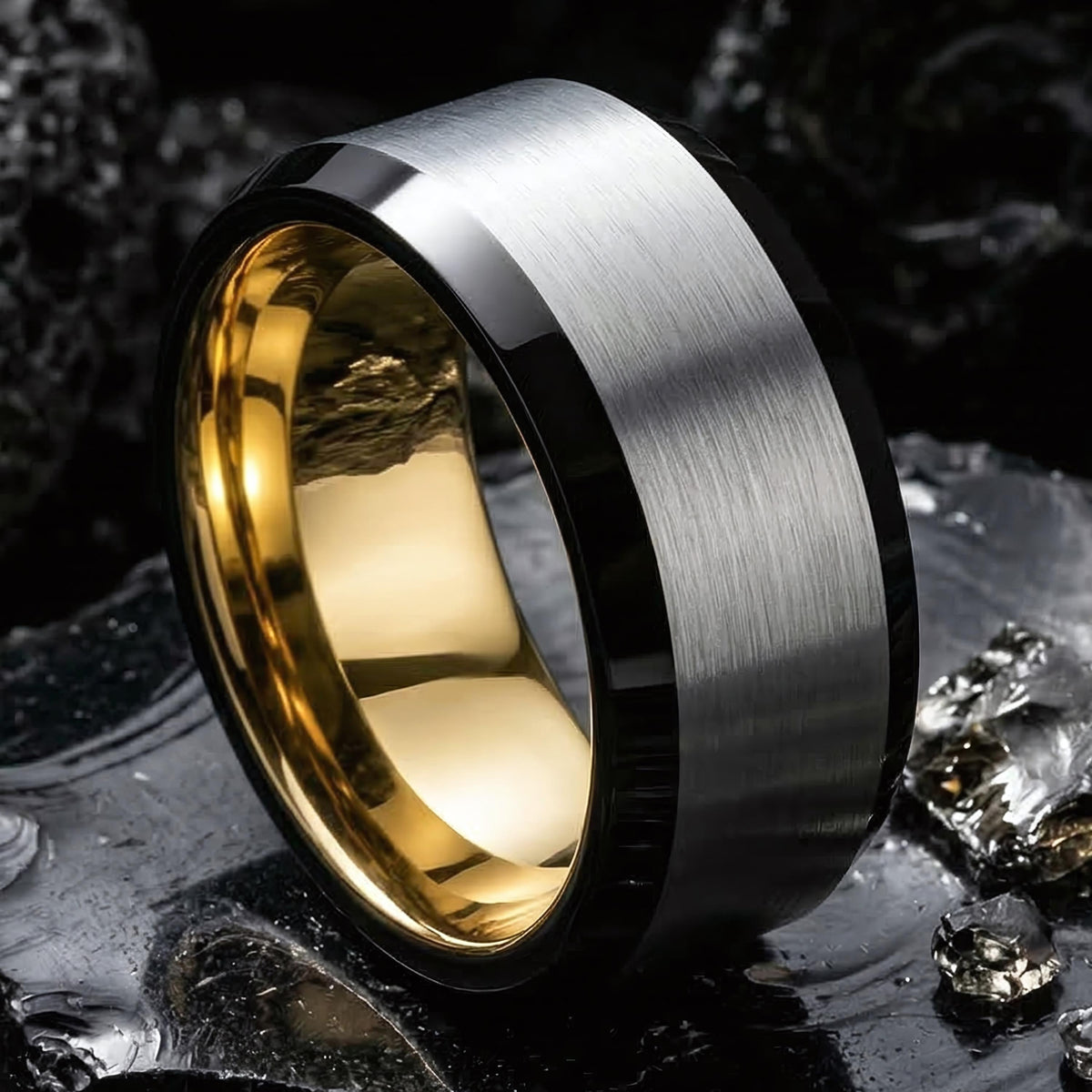 Black and Gold Tungsten Wedding Band, Mens Wedding Ring, 8mm Brushed Silver Black Beveled Edge, Yellow Gold Interior, Comfort Fit, Gift Him