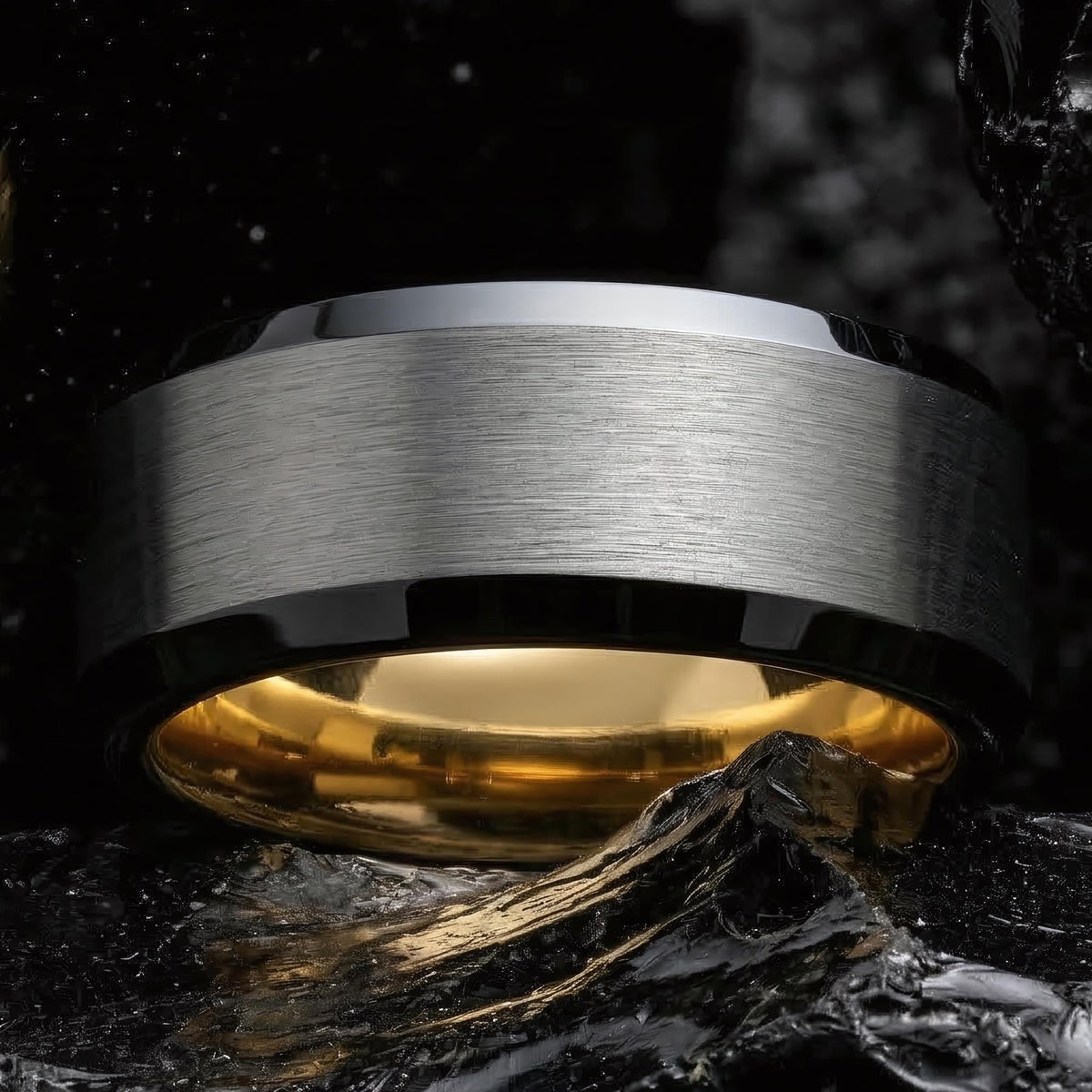 Black and Gold Tungsten Wedding Band, Mens Wedding Ring, 8mm Brushed Silver Black Beveled Edge, Yellow Gold Interior, Comfort Fit, Gift Him