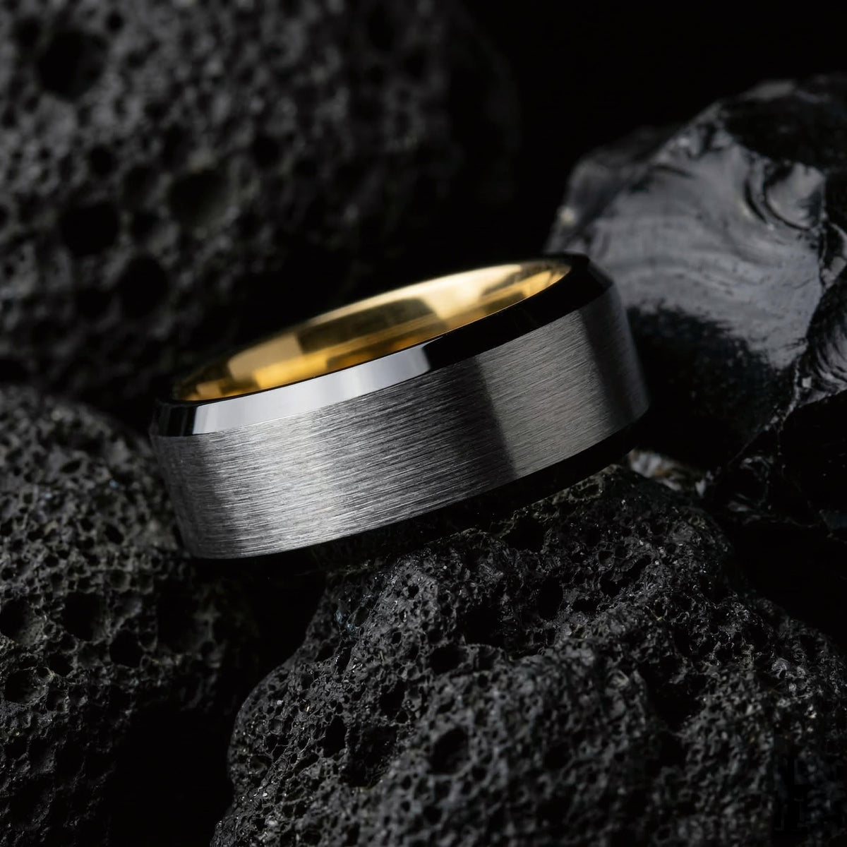 Black and Gold Tungsten Wedding Band, Mens Wedding Ring, 8mm Brushed Silver Black Beveled Edge, Yellow Gold Interior, Comfort Fit, Gift Him