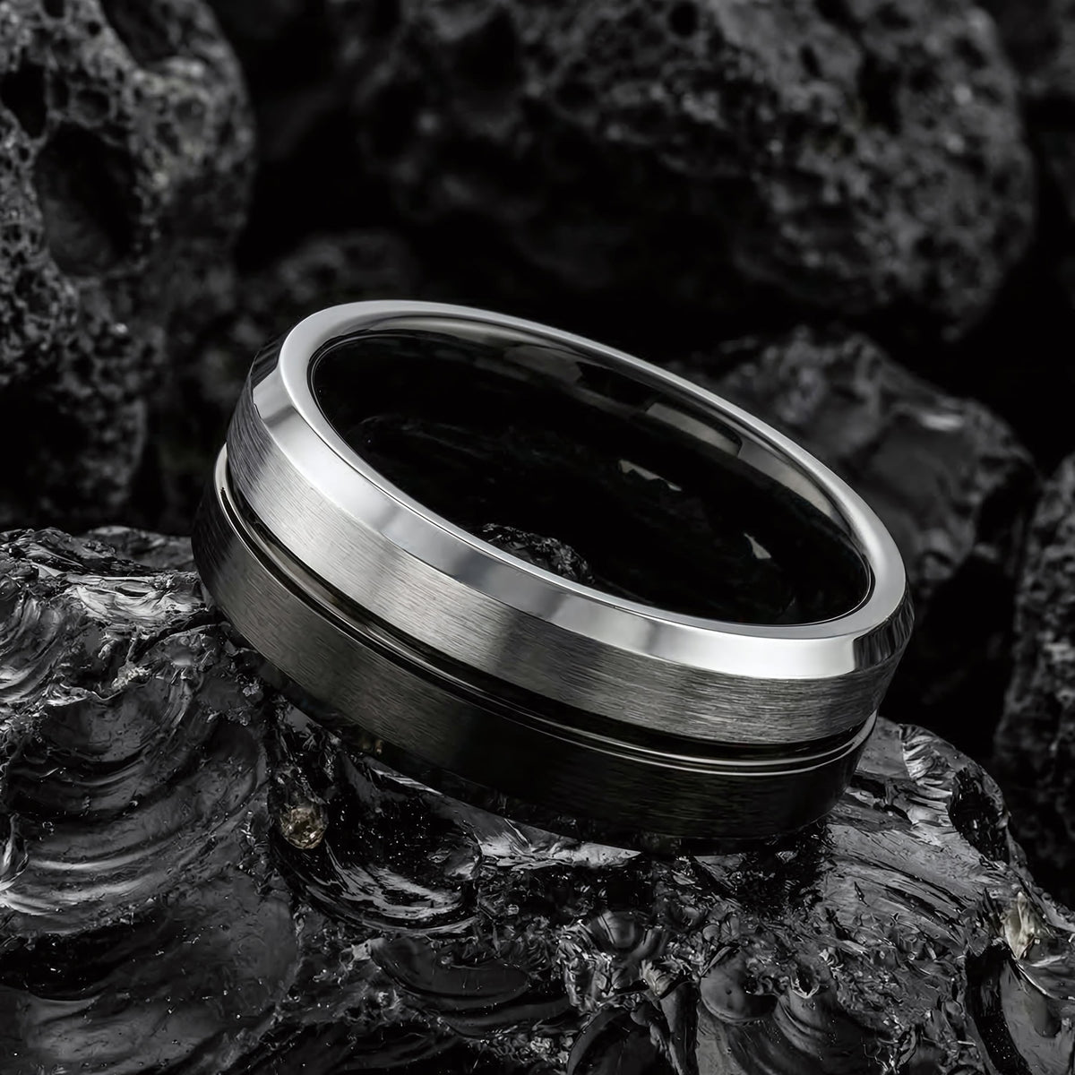 Black Silver Tungsten Wedding Band, Two Tone Mens Wedding Ring, 8mm Brushed Silver Center, Beveled Edge, Comfort Fit, Anniversary Gift Him