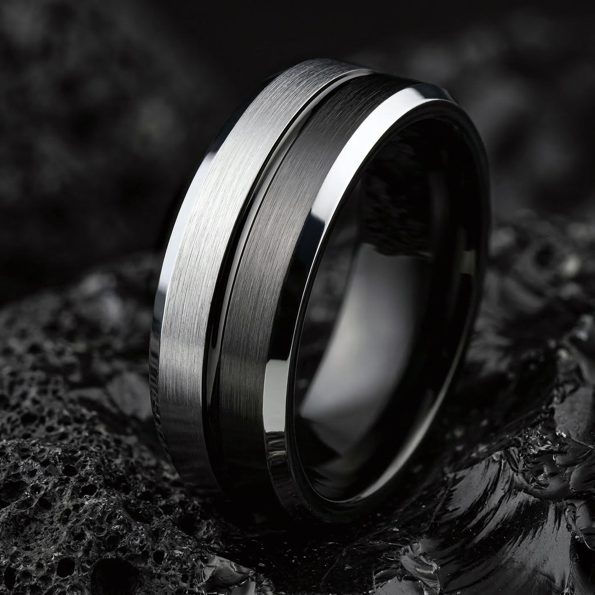 Black Silver Tungsten Wedding Band, Two Tone Mens Wedding Ring, 8mm Brushed Silver Center, Beveled Edge, Comfort Fit, Anniversary Gift Him
