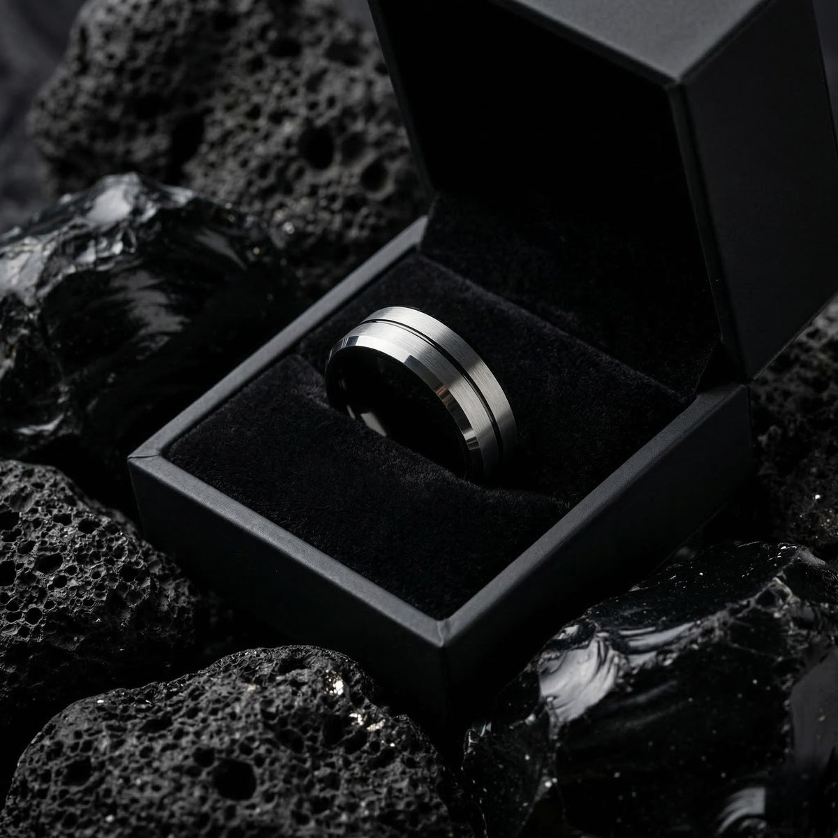 Tungsten Wedding Band, Black Silver Ring, 8mm Beveled Edge, Jewelry, Custom, Personalized, Minimalist, Handmade, Unique, Gift for Husband