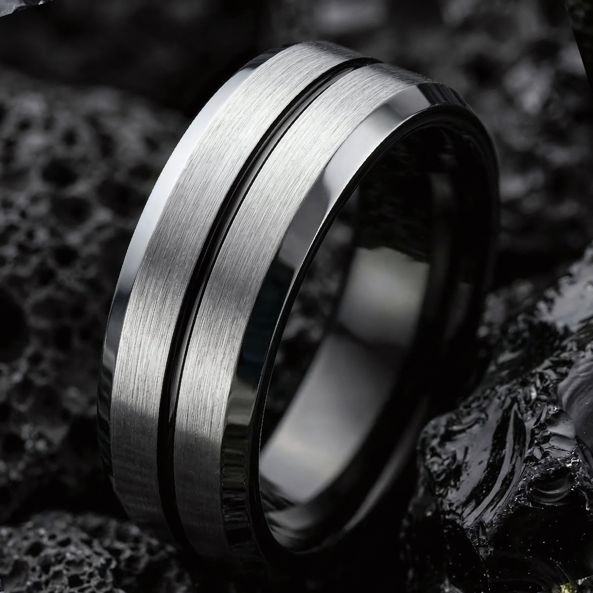 Tungsten Wedding Band, Black Silver Ring, 8mm Beveled Edge, Jewelry, Custom, Personalized, Minimalist, Handmade, Unique, Gift for Husband