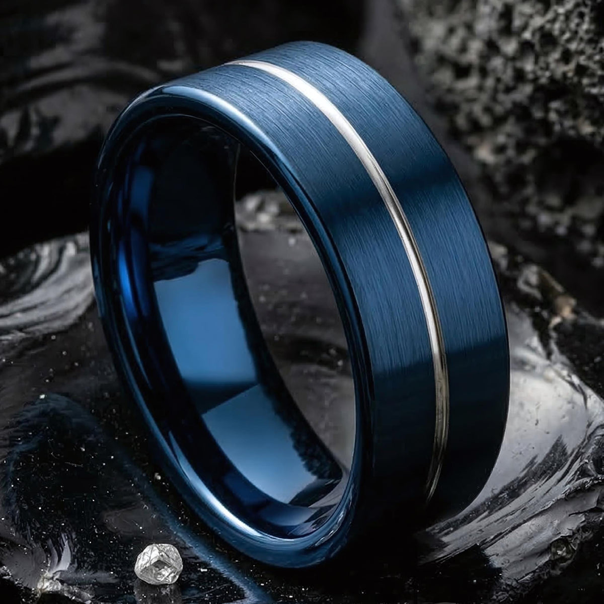 Mens Wedding Ring, Blue Silver Tungsten Band, 8mm Flat, Jewelry, Custom, Personalized, Minimalist, Handmade, Birthday, Gift for Husband
