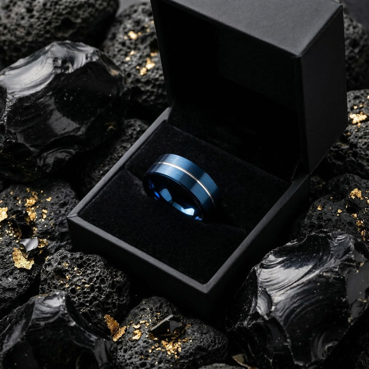 Mens Wedding Ring, Blue Silver Tungsten Band, 8mm Flat, Jewelry, Custom, Personalized, Minimalist, Handmade, Birthday, Gift for Husband