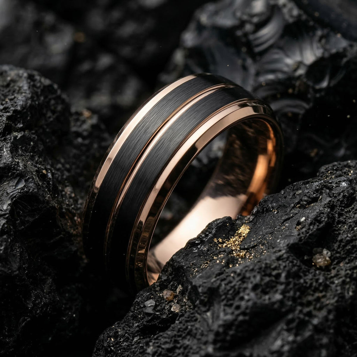 8mm Beveled Edge Black Rose Gold Tungsten Mens Wedding Band Personalized Custom Engraved Ring Handmade Minimalist Unique Gift for Him