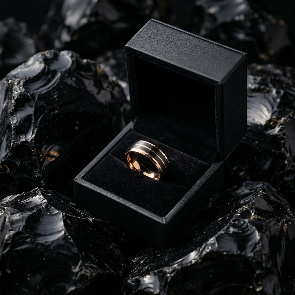 8mm Beveled Edge Black Rose Gold Tungsten Mens Wedding Band Personalized Custom Engraved Ring Handmade Minimalist Unique Gift for Him
