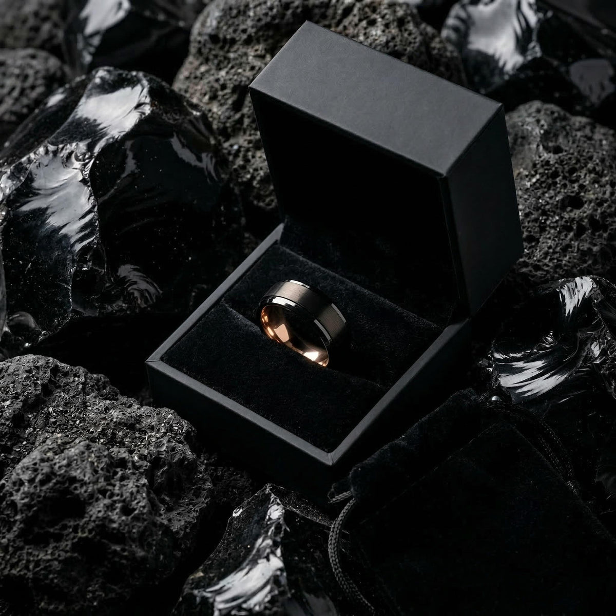 Mens Wedding Band, Black Rose Gold Tungsten Ring, 8mm Beveled Edge, Jewelry, Custom, Personalized, Minimalist, Handmade, Gift for Him