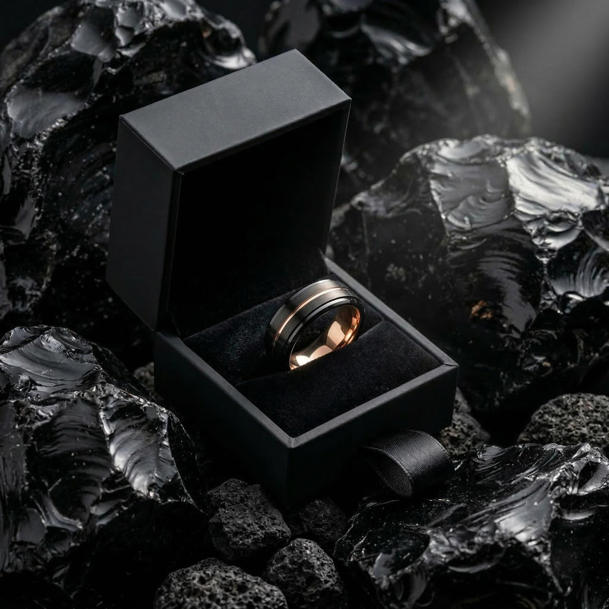 Black Tungsten Ring With Rose Gold Inside 8mm Beveled Edge Mens Wedding Band Custom Engraved Personalized Comfort Fit Handmade Gift for Him