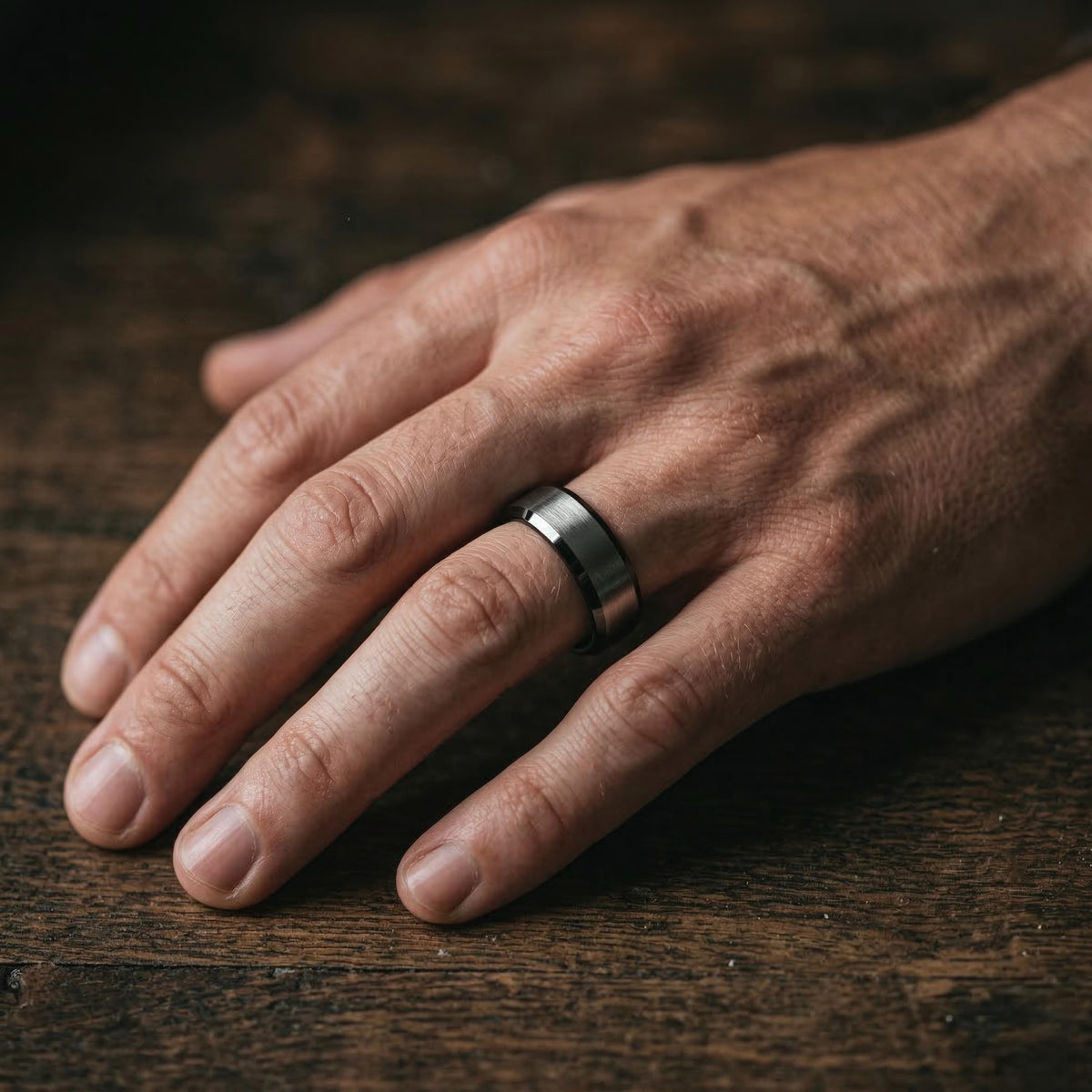 Black and Gold Tungsten Wedding Band, Mens Wedding Ring, 8mm Brushed Silver Black Beveled Edge, Yellow Gold Interior, Comfort Fit, Gift Him