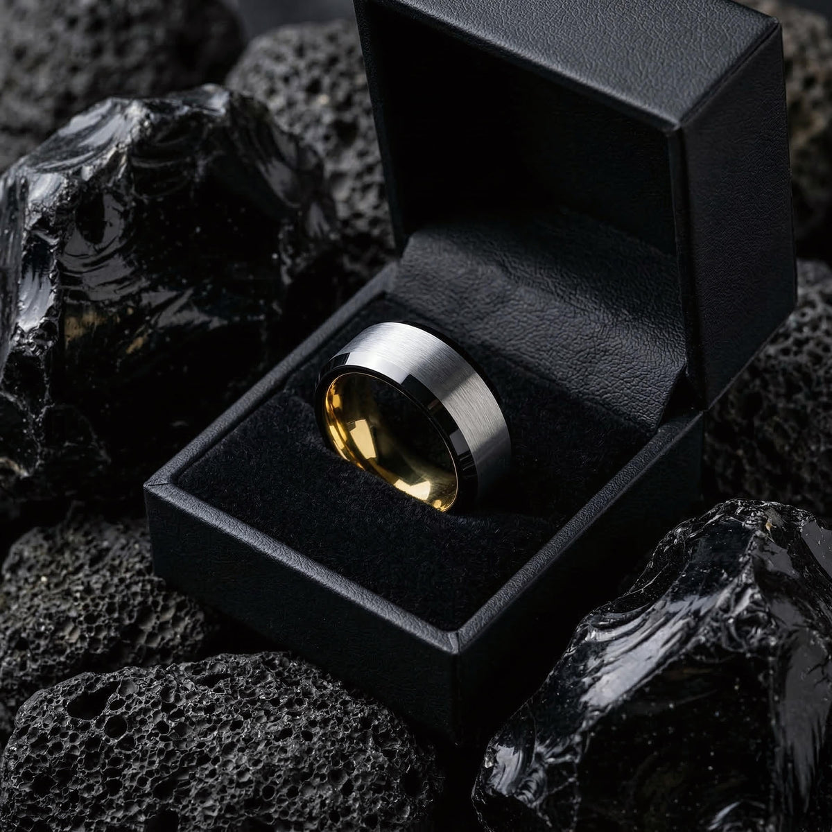 Black and Gold Tungsten Wedding Band, Mens Wedding Ring, 8mm Brushed Silver Black Beveled Edge, Yellow Gold Interior, Comfort Fit, Gift Him