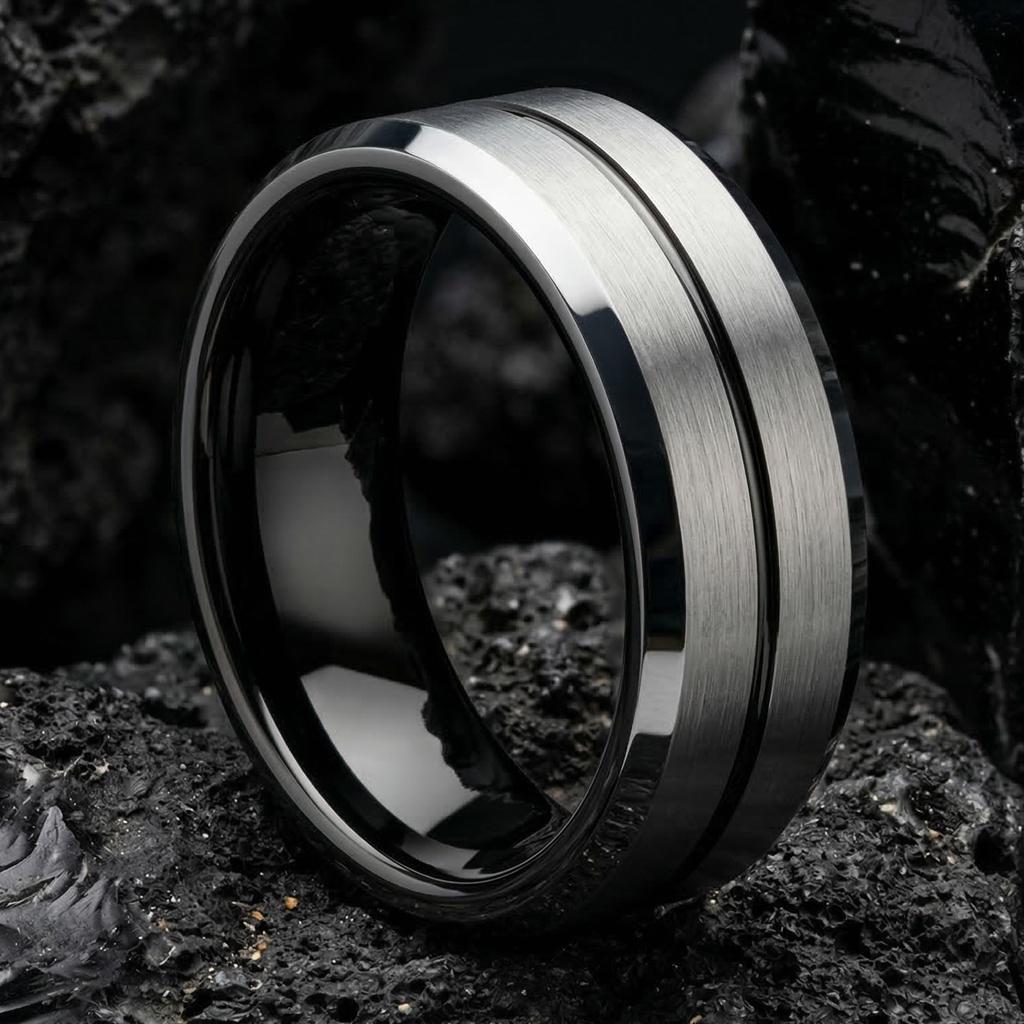 Tungsten Wedding Band, Black Silver Ring, 8mm Beveled Edge, Jewelry, Custom, Personalized, Minimalist, Handmade, Unique, Gift for Husband