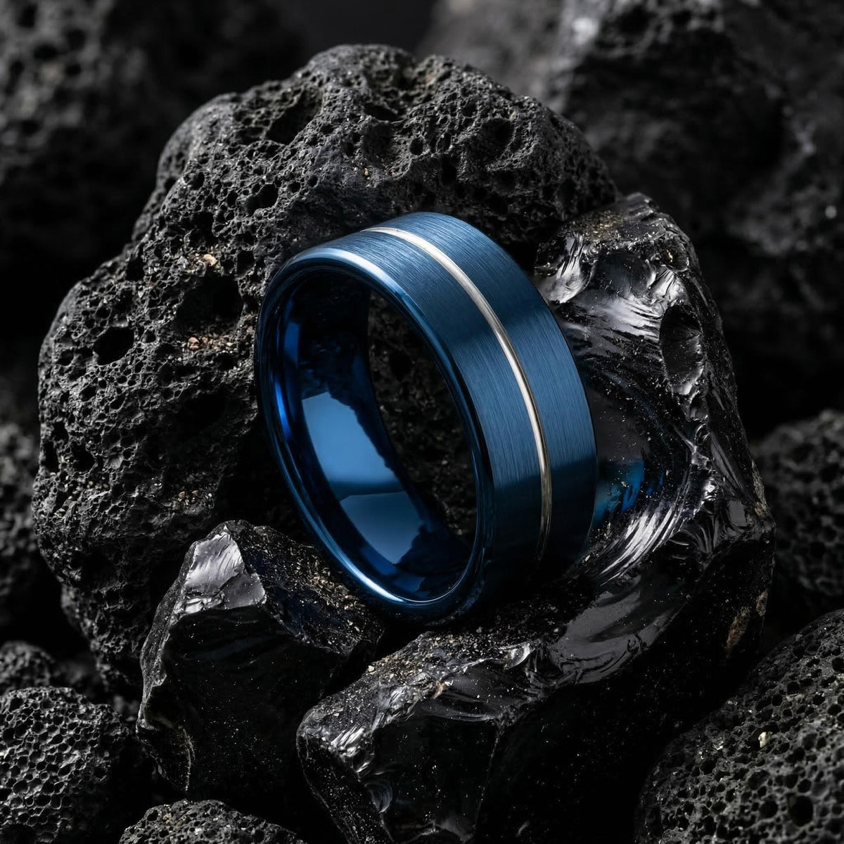 Mens Wedding Ring, Blue Silver Tungsten Band, 8mm Flat, Jewelry, Custom, Personalized, Minimalist, Handmade, Birthday, Gift for Husband