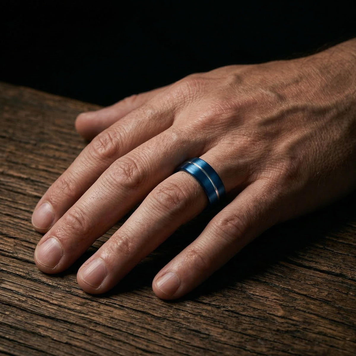 Mens Wedding Ring, Blue Silver Tungsten Band, 8mm Flat, Jewelry, Custom, Personalized, Minimalist, Handmade, Birthday, Gift for Husband