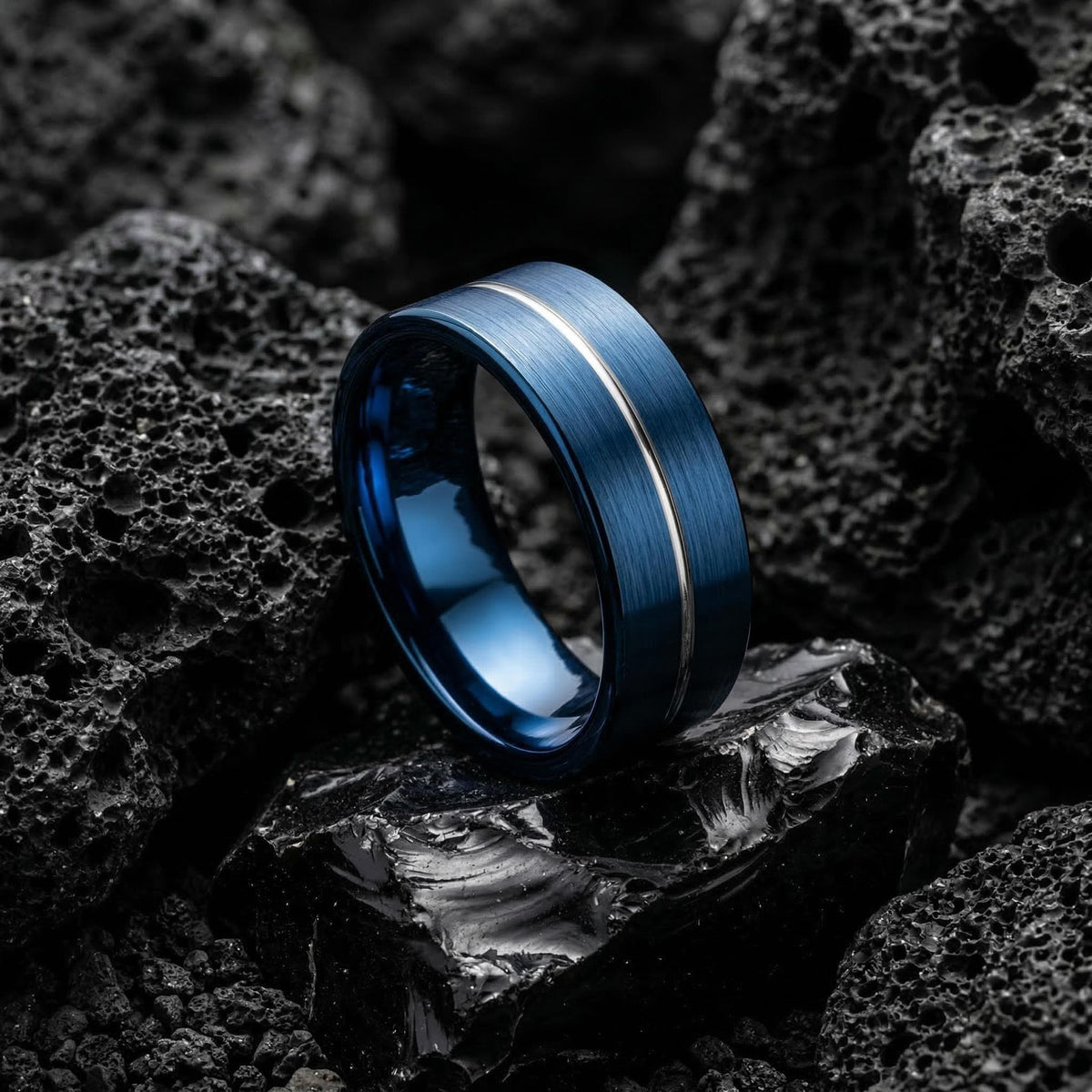 Mens Wedding Ring, Blue Silver Tungsten Band, 8mm Flat, Jewelry, Custom, Personalized, Minimalist, Handmade, Birthday, Gift for Husband