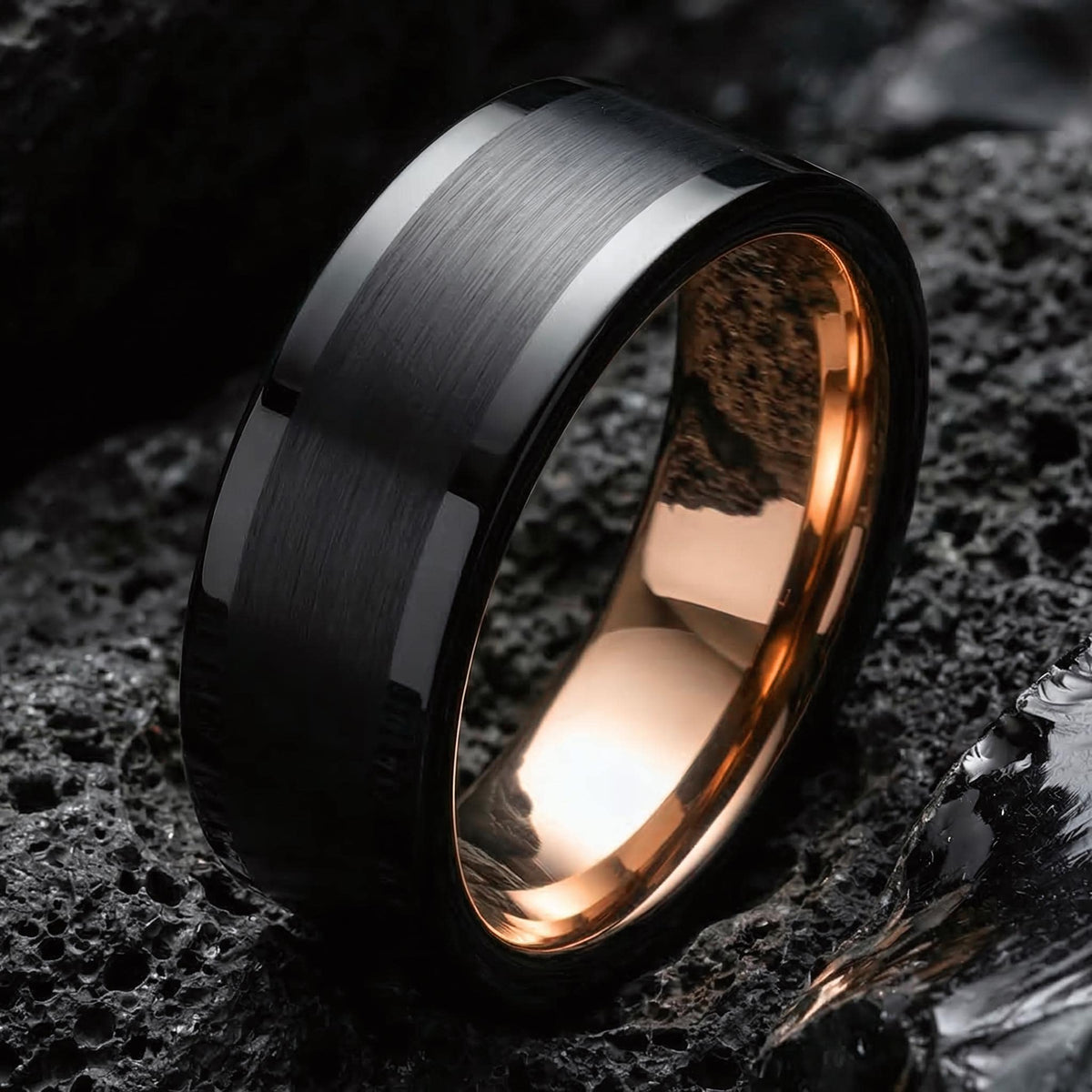 Mens Tungsten Wedding Band - Black Rose Gold 8mm Flat Personalized