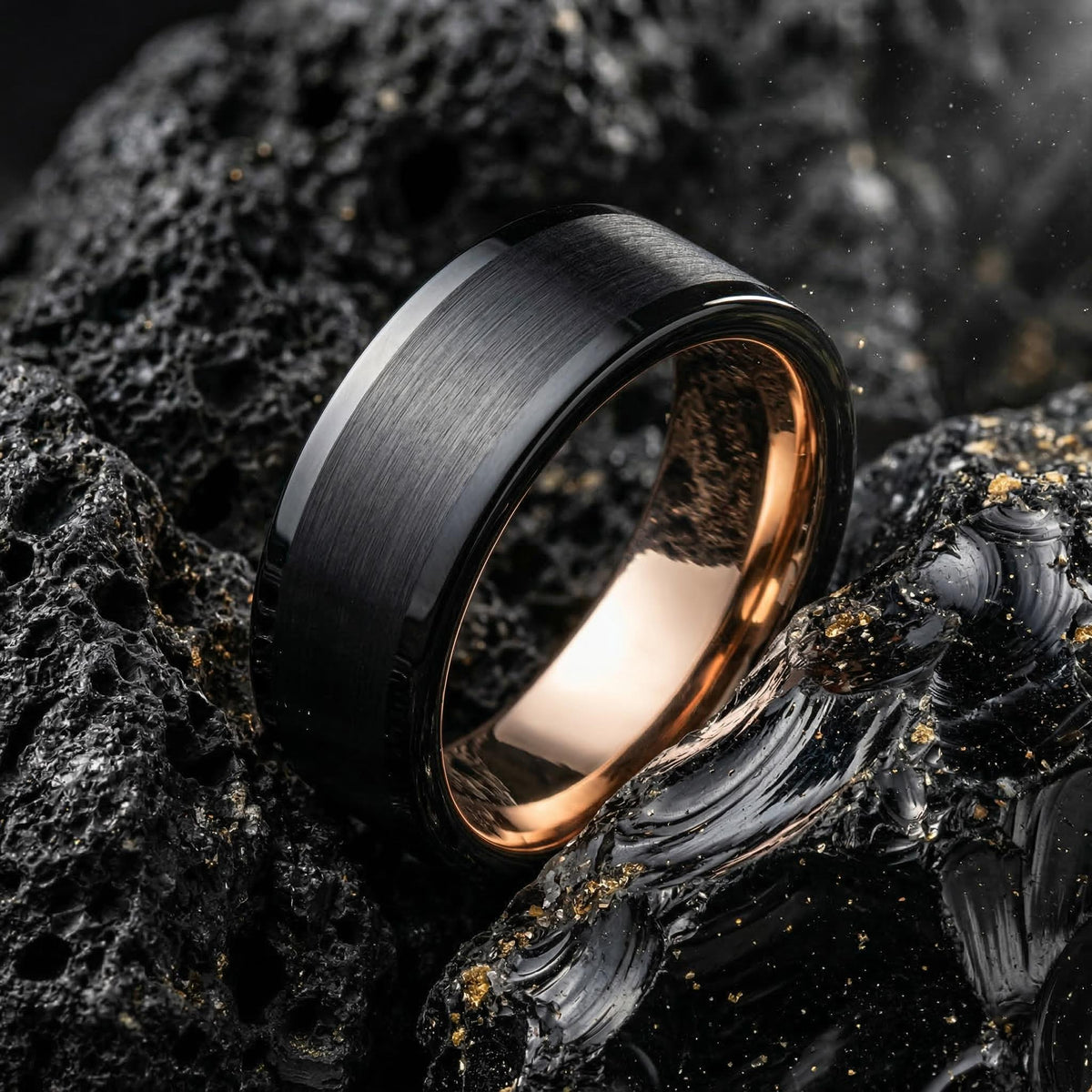 Mens Tungsten Wedding Band - Black Rose Gold 8mm Flat Personalized