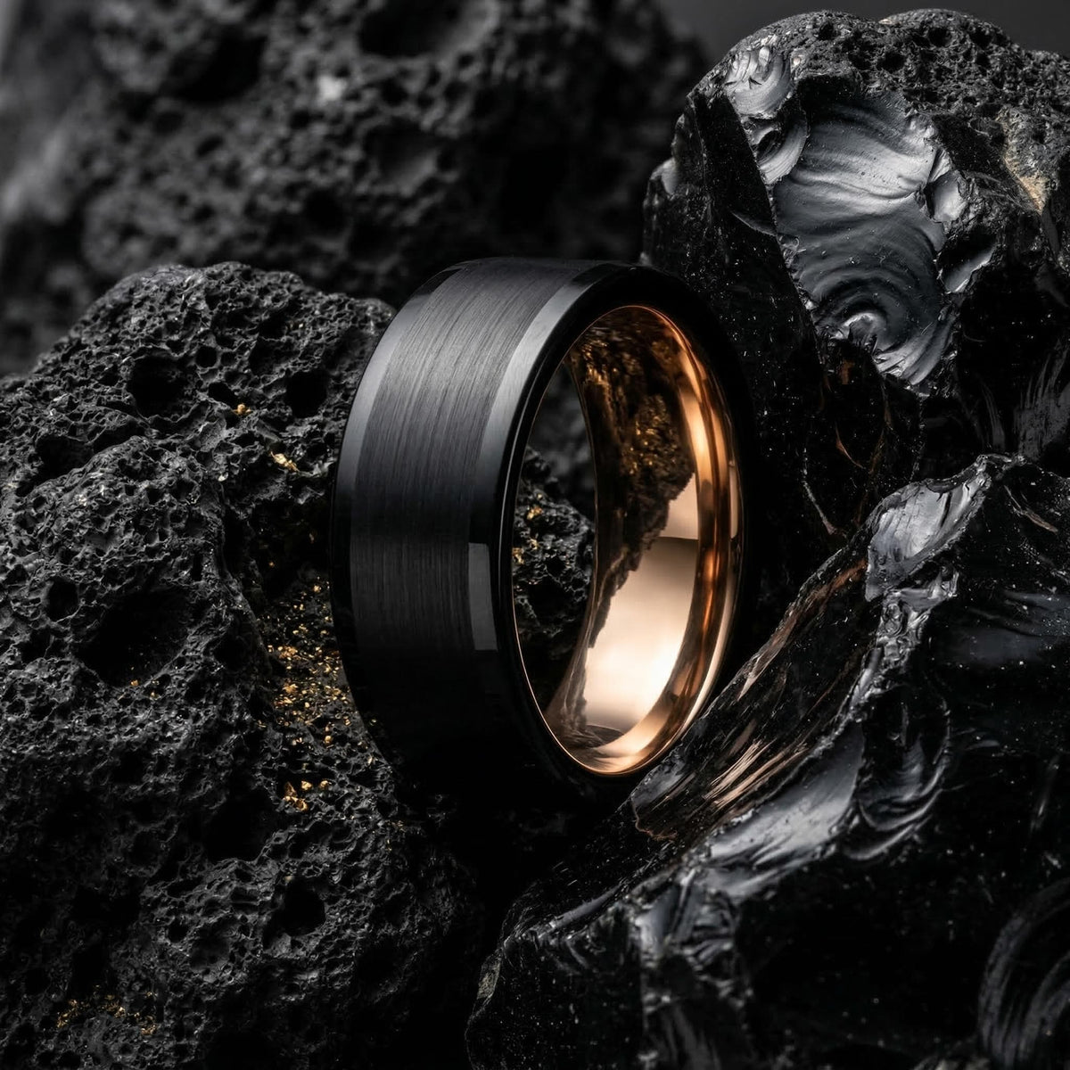 Mens Tungsten Wedding Band - Black Rose Gold 8mm Flat Personalized