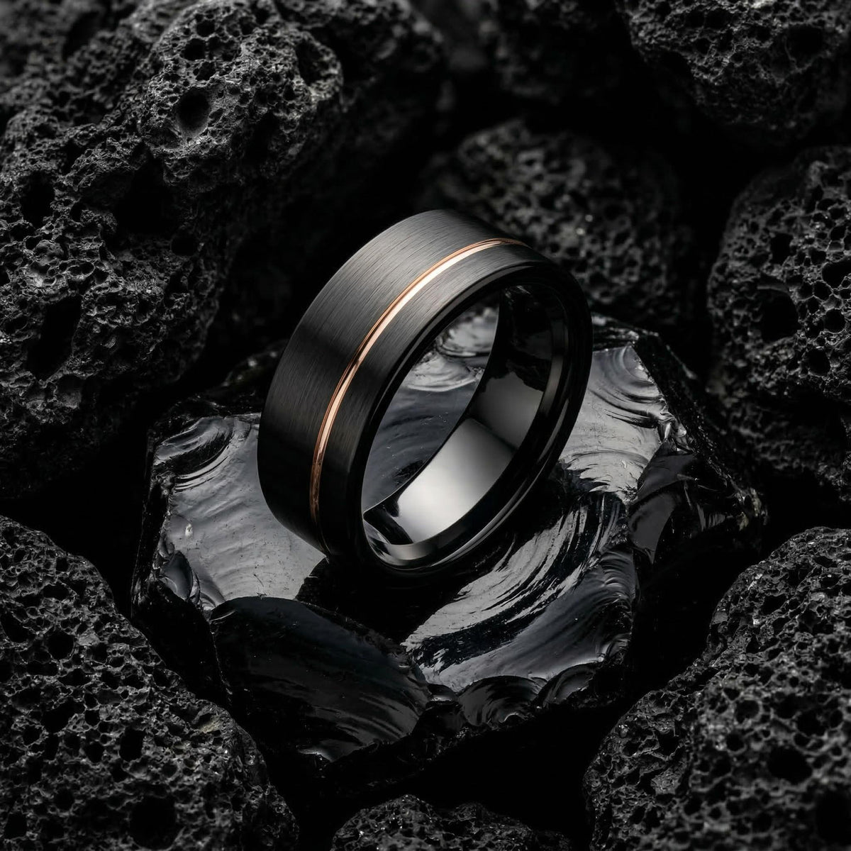Tungsten Carbide Mens Wedding Band Black Rose Gold 8mm Flat Edge Custom Engraved Personalized Ring Minimalist Handmade Gift for Him