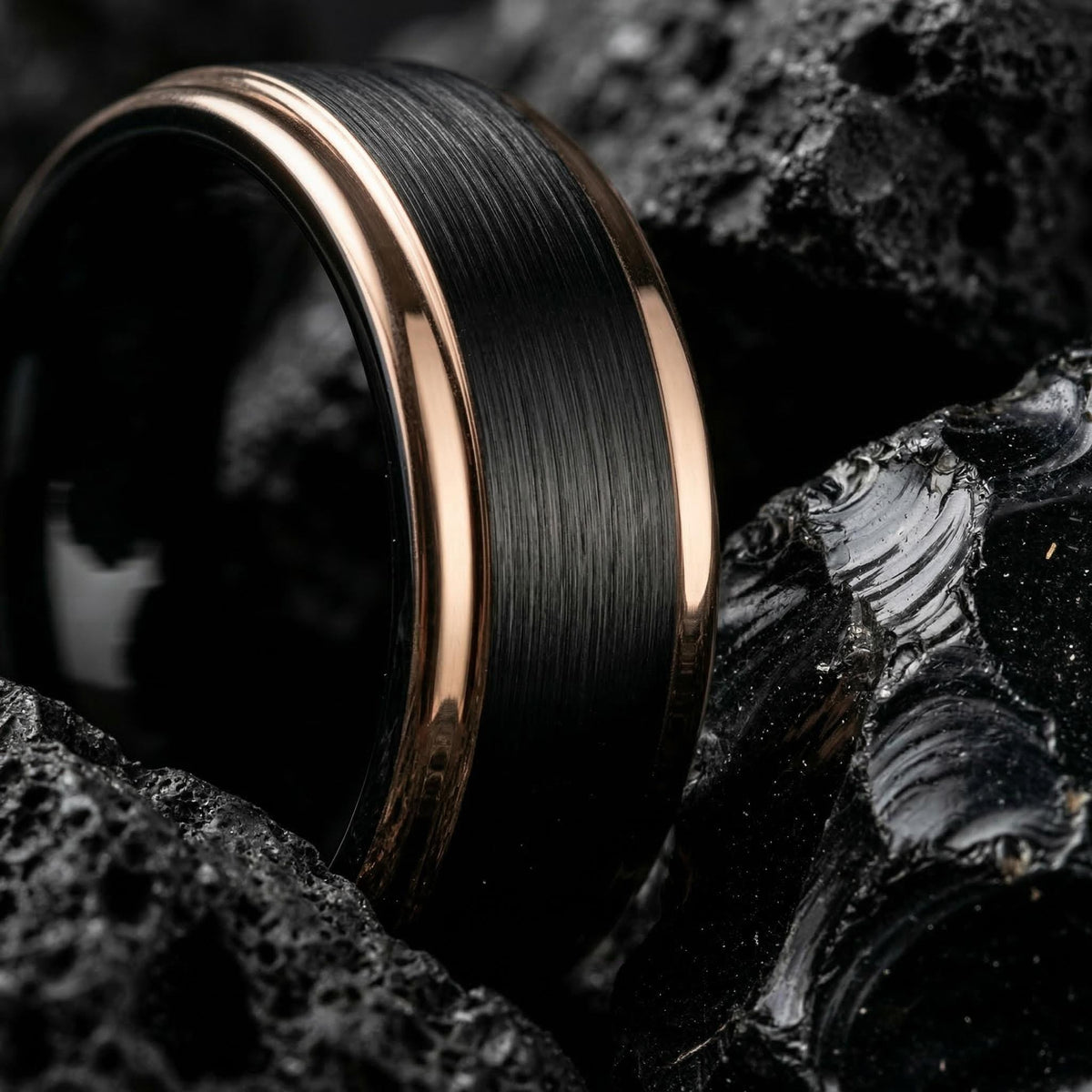 Birthday Gift, Black Rose Gold Tungsten Wedding Ring, 8mm Beveled Edge, Custom, Personalized, Minimalist, Handmade, Gift for Boyfriend