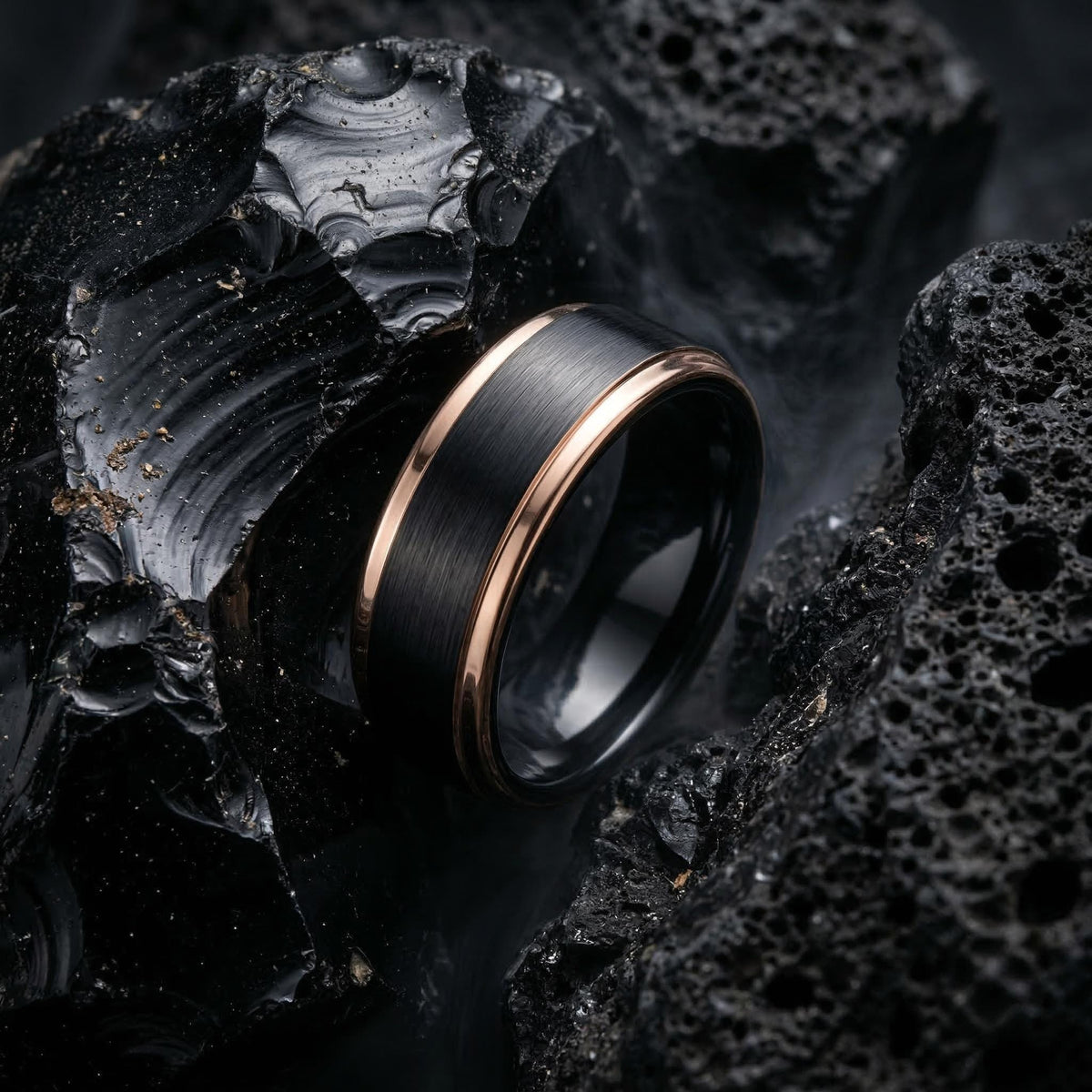 Birthday Gift, Black Rose Gold Tungsten Wedding Ring, 8mm Beveled Edge, Custom, Personalized, Minimalist, Handmade, Gift for Boyfriend