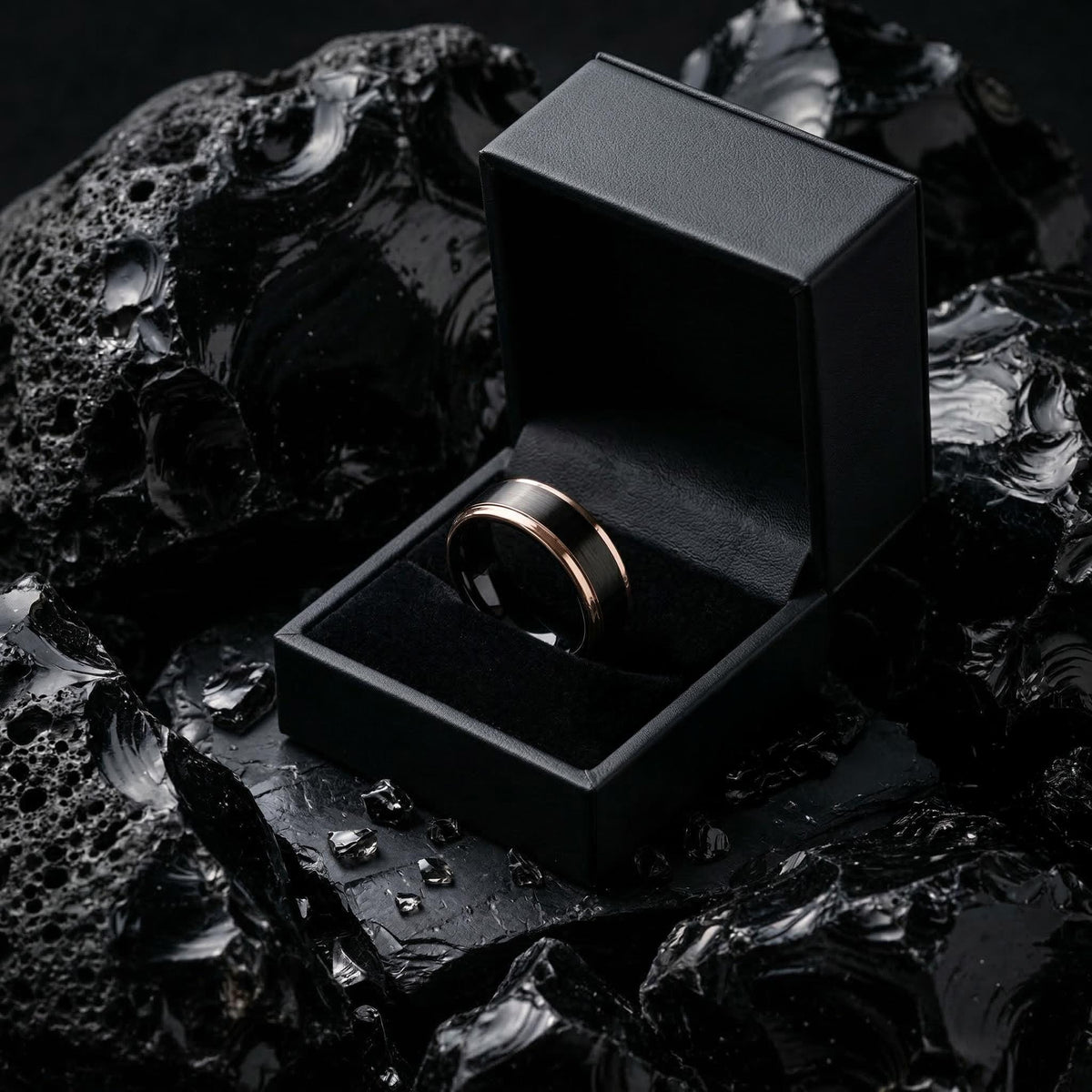 Birthday Gift, Black Rose Gold Tungsten Wedding Ring, 8mm Beveled Edge, Custom, Personalized, Minimalist, Handmade, Gift for Boyfriend