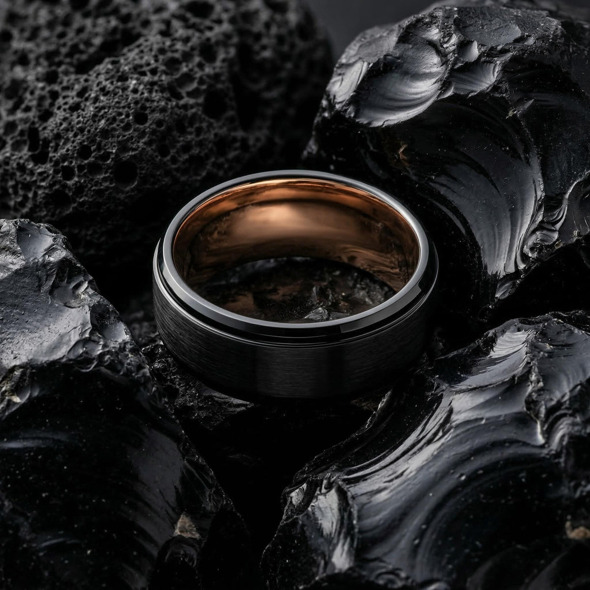 Mens Wedding Band, Black Rose Gold Tungsten Ring, 8mm Beveled Edge, Jewelry, Custom, Personalized, Minimalist, Handmade, Gift for Him