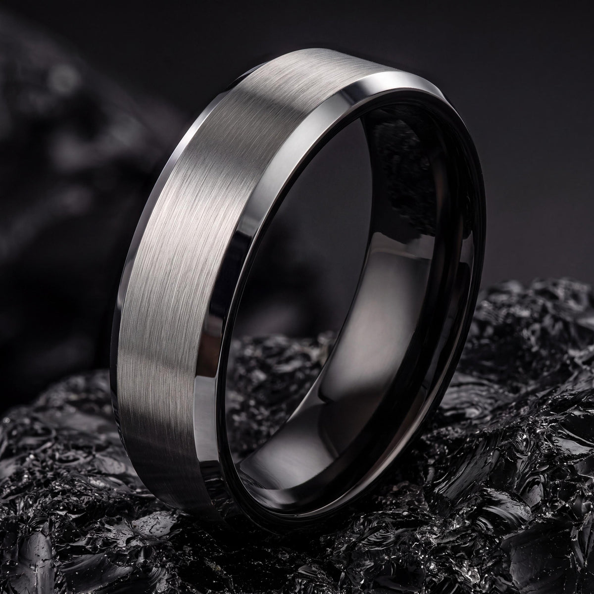 Custom Engraved Ring, Black Silver Tungsten Wedding Band, 8mm Beveled Edge, Jewelry, Personalized, Minimalist, Handmade, Gift for Husband