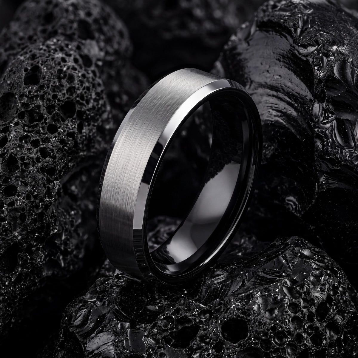 Custom Engraved Ring, Black Silver Tungsten Wedding Band, 8mm Beveled Edge, Jewelry, Personalized, Minimalist, Handmade, Gift for Husband