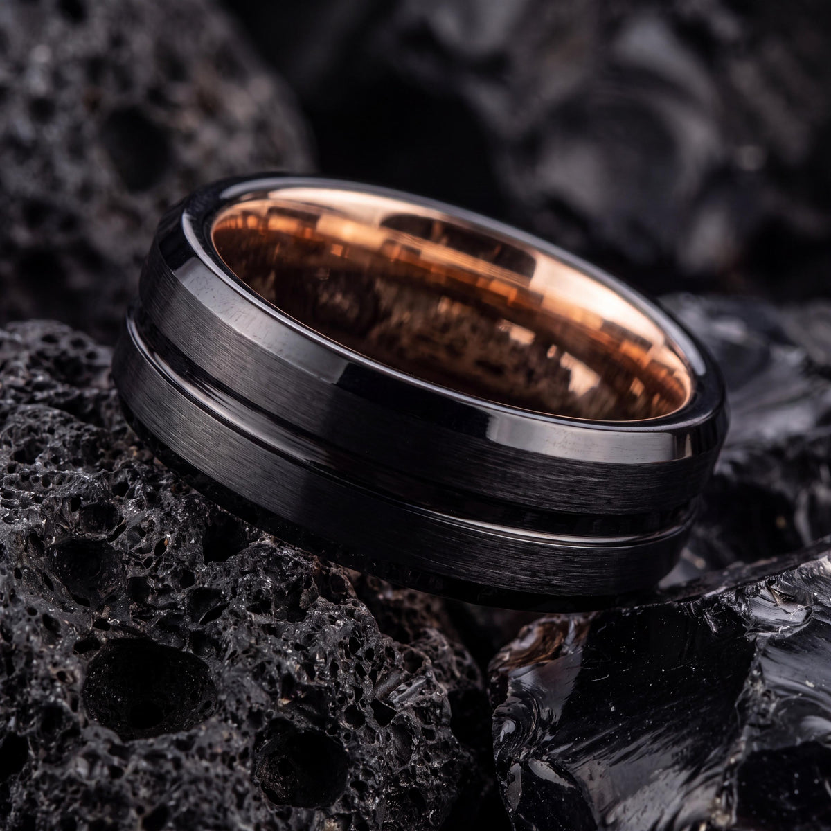 Black Tungsten Wedding Band, Rose Gold Comfort Fit