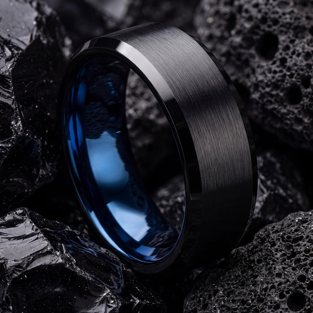 Mens Wedding Ring Blue, Brushed Black Tungsten Ring 6mm, Engagement Ring, Couple Promise Ring, Personalized Gifts for Her, Ring for Wife