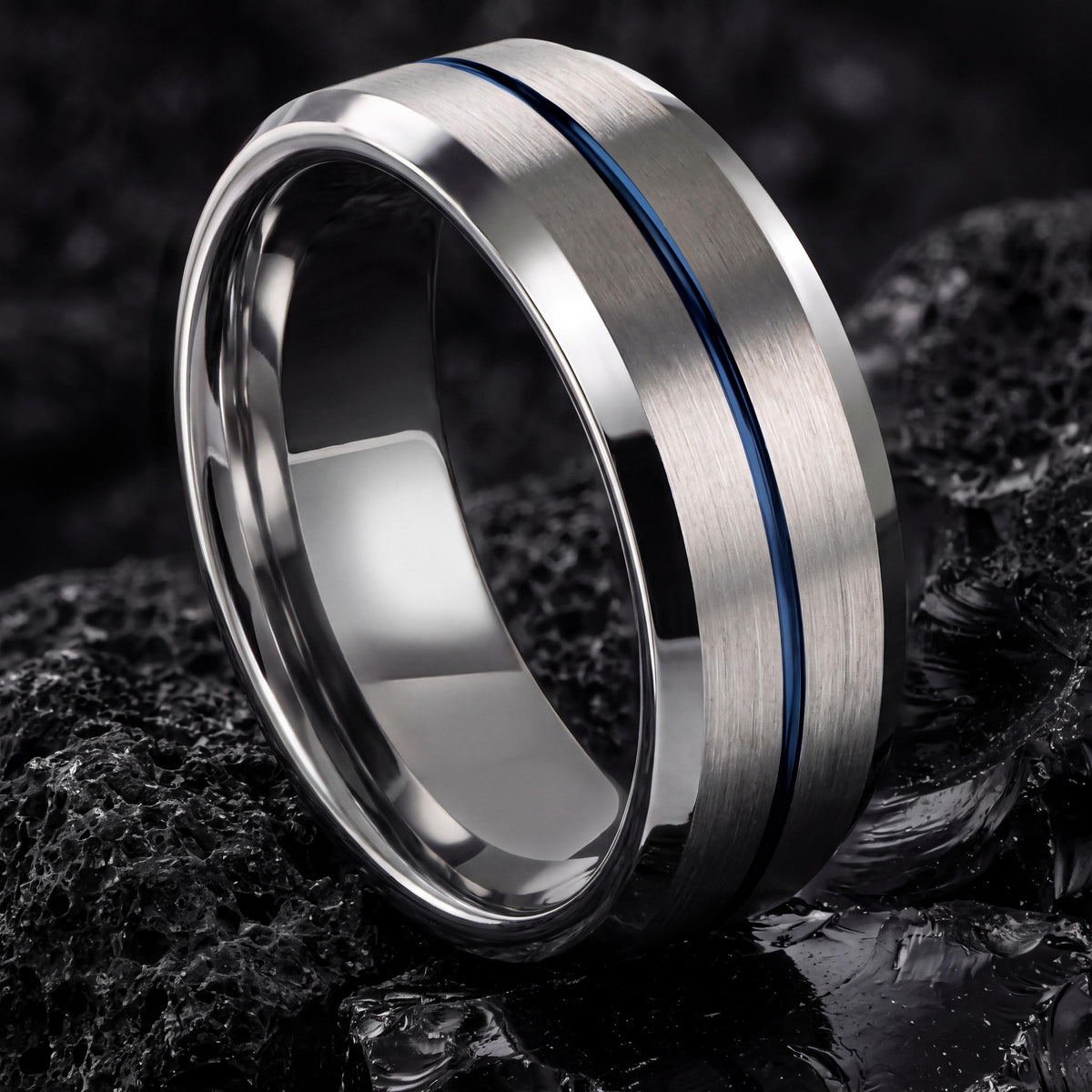Wedding Ring,Mens Tungsten Wedding Band,Curved Wedding Band,Wedding Band Ring,Silver And Blue Band Ring,Silver Statement Ring,Blue Band Ring