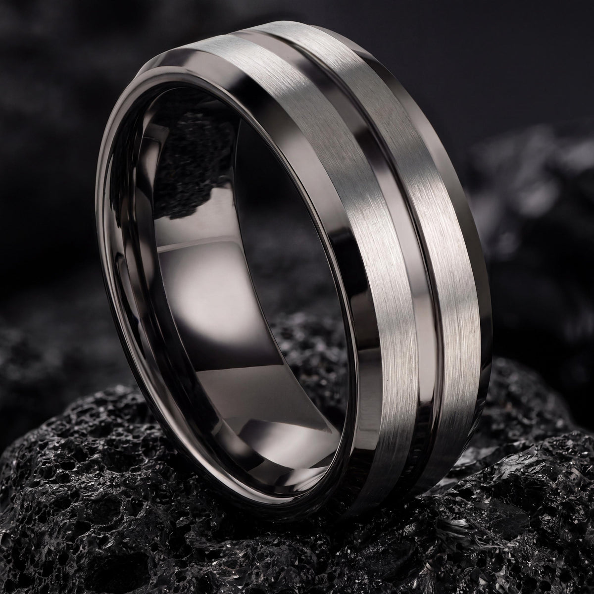 Gunmetal Tungsten Wedding Band, 8mm Silver Inlay, Comfort Fit