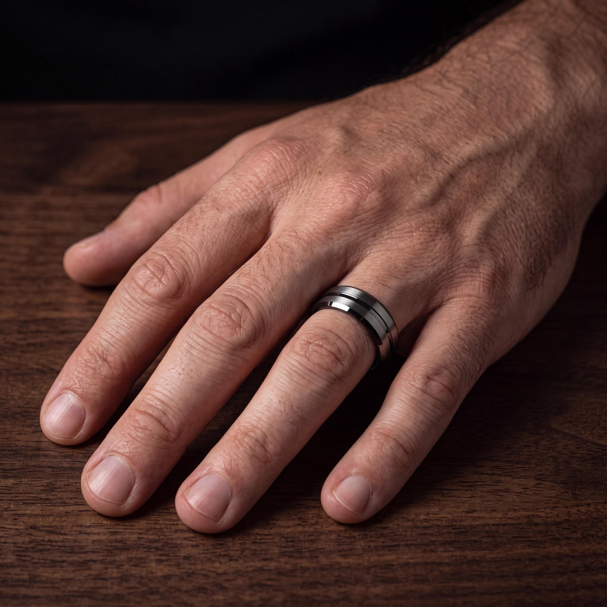 Gunmetal Tungsten Wedding Band, 8mm Silver Inlay, Comfort Fit