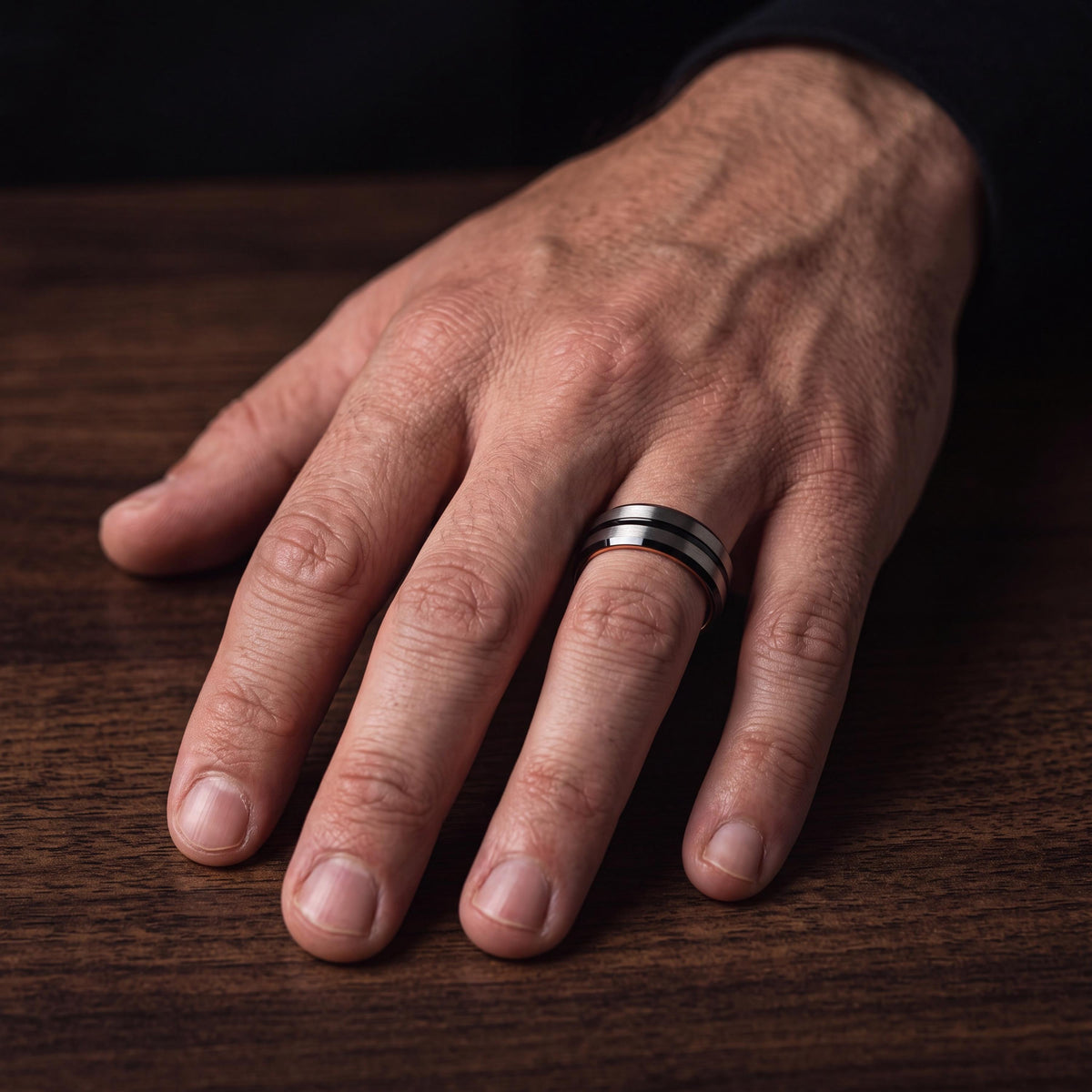 Mens Tungsten Carbide Wedding Band, Black Line, Rose Gold Interior