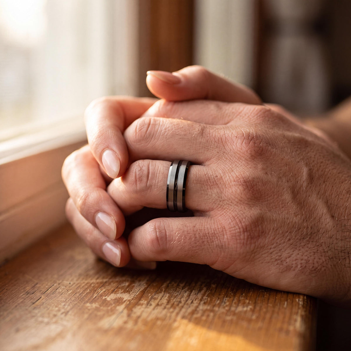Mens Tungsten Carbide Wedding Band, Black Line, Rose Gold Interior