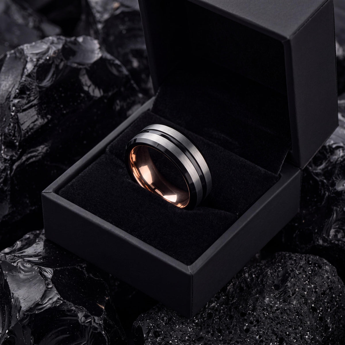 Mens Tungsten Carbide Wedding Band, Black Line, Rose Gold Interior