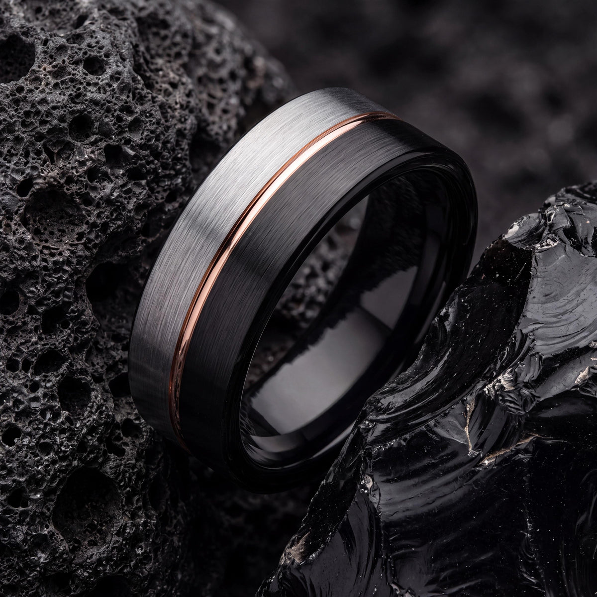 Tungsten Wedding Band, Black & Silver with Rose Gold Inlay
