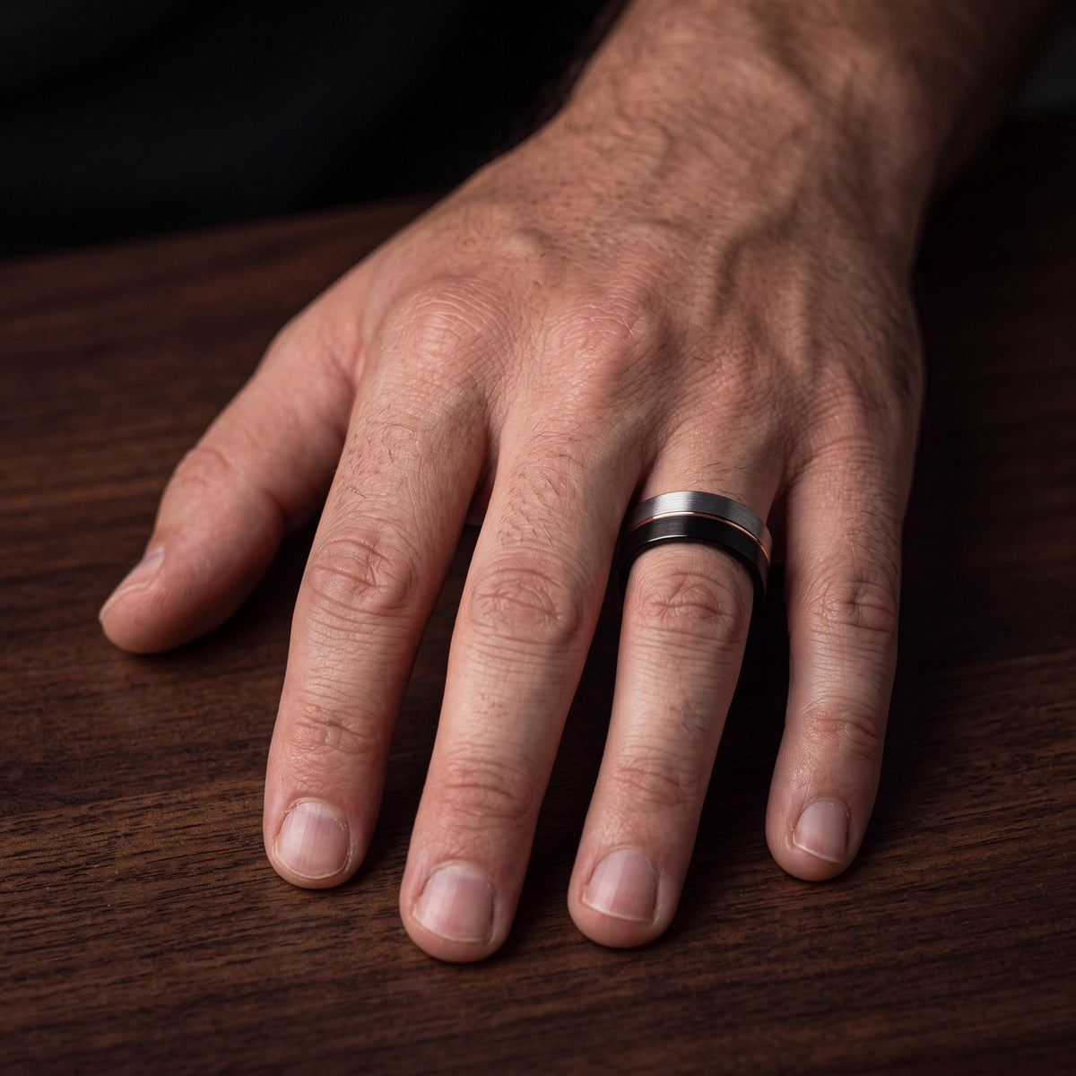 Tungsten Wedding Band, Black & Silver with Rose Gold Inlay