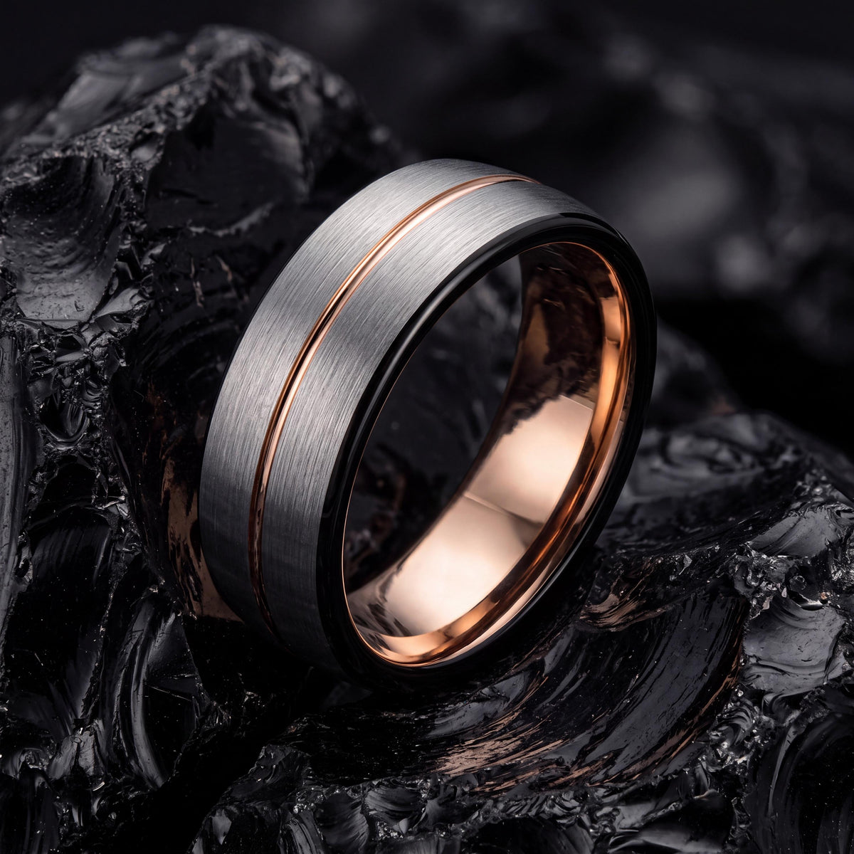 Mens Wedding Band Tungsten,Womens Wedding Bands,Wedding Bands Women Curved,Black Line Rose,Silver Handmade Ring,Rose Gold Wedding,Black Ring