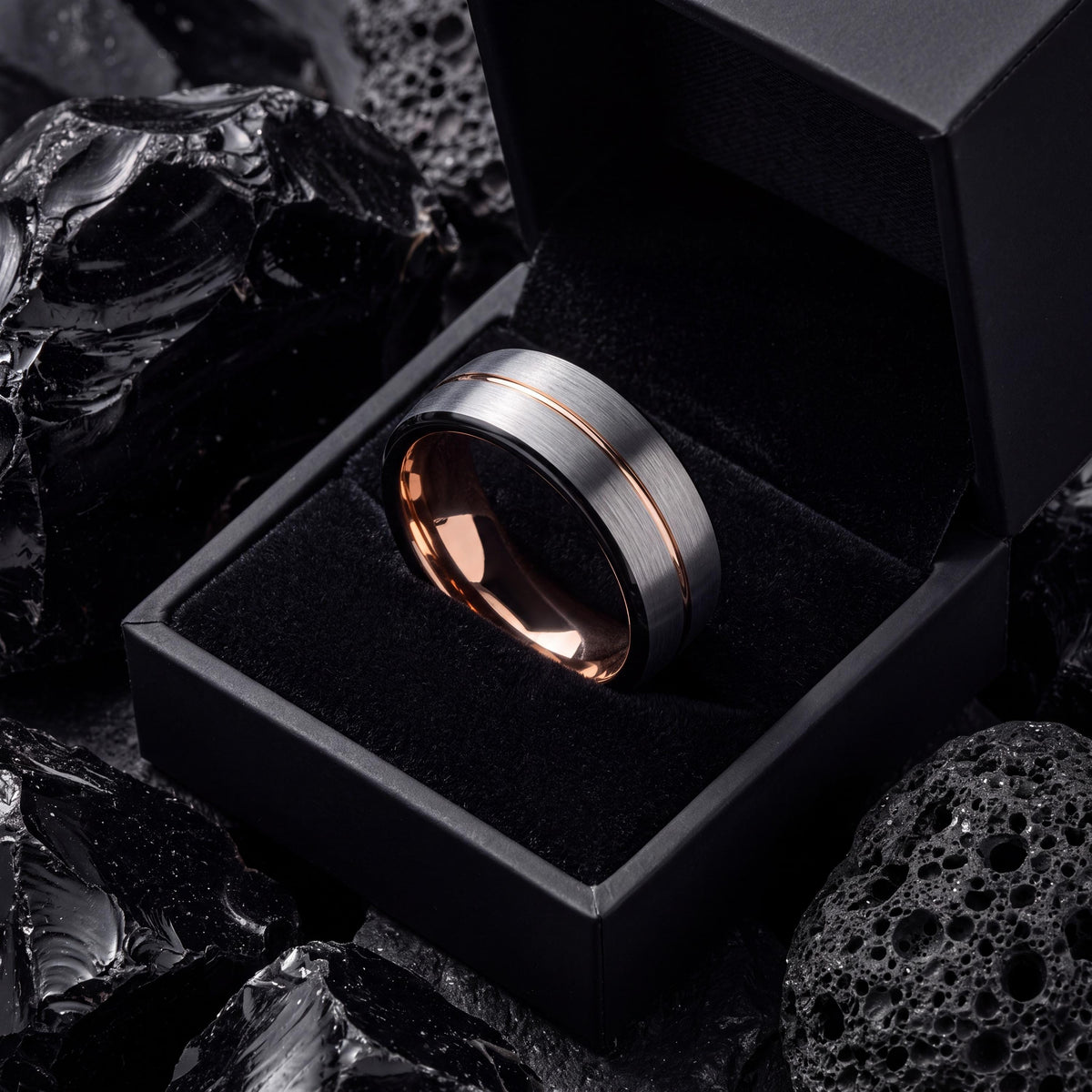Mens Wedding Band Tungsten,Womens Wedding Bands,Wedding Bands Women Curved,Black Line Rose,Silver Handmade Ring,Rose Gold Wedding,Black Ring