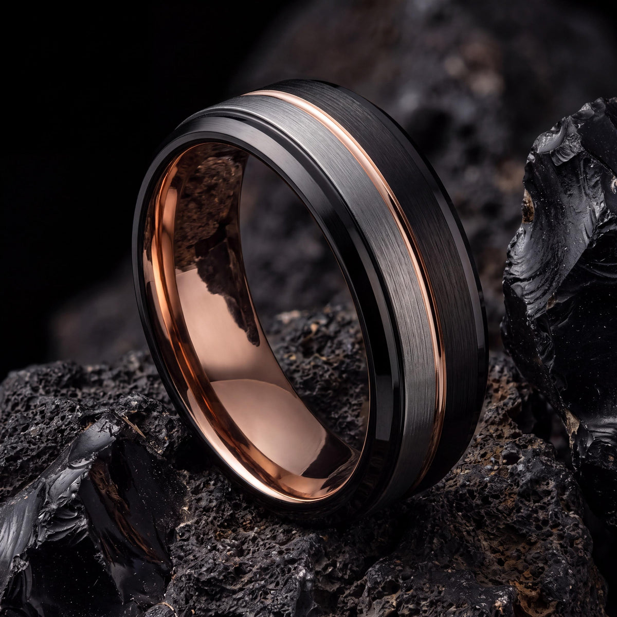 Wedding Band Women,Mens Wedding Band Etched,Black Rose Gold Wedding Band Tungsten,Silver Natural Ring,Rose Gold Blue Ring,Mens Rings Black,8