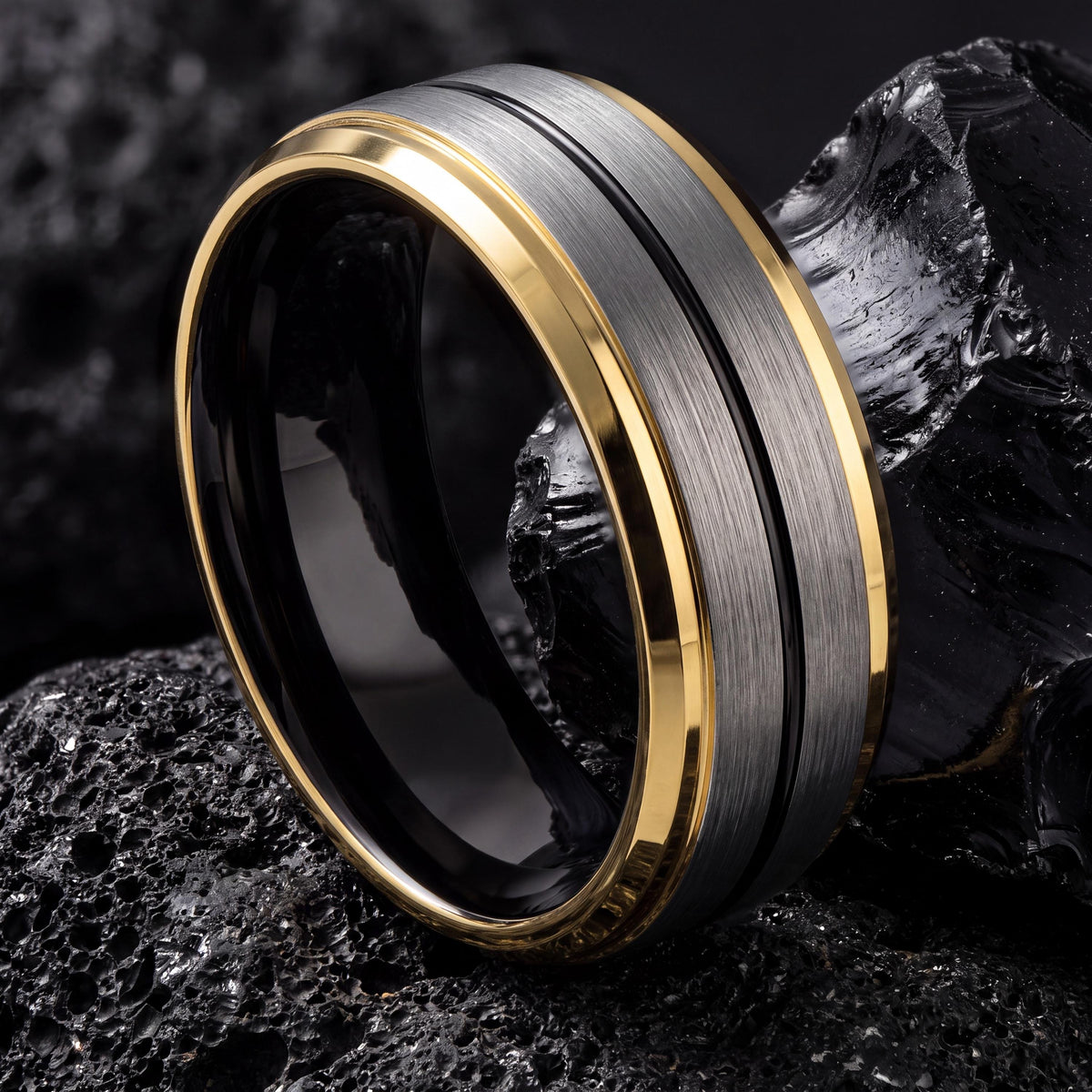 Mens Tungsten Wedding Band,Wedding Band Set His and Hers,Two Tone Mens Wedding Rings,Brushed Gold Ring,Mens Hammered Silver Rings,Black Ring