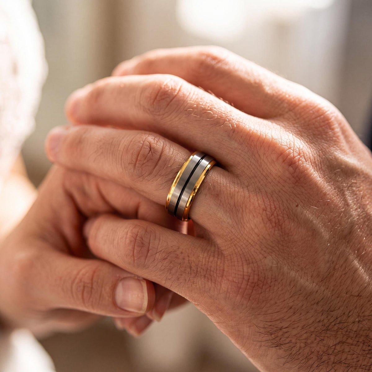 Mens Tungsten Wedding Band,Wedding Band Set His and Hers,Two Tone Mens Wedding Rings,Brushed Gold Ring,Mens Hammered Silver Rings,Black Ring